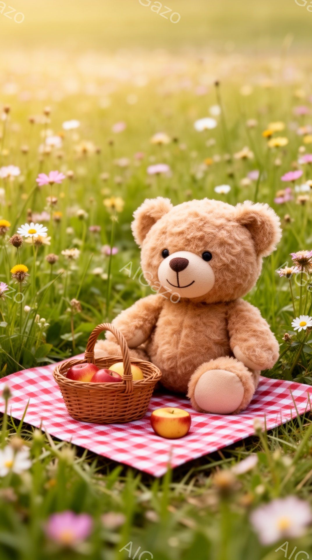 ふわふわのテディベアが、赤いチェックの敷物の上に座って、バスケットに入った赤いりんごを見つめている。背景には、色とりどりの花が咲き乱れる草原が広がり、暖かく穏やかな雰囲気である。ピクニックを楽しんでい - AI生成フリー素材