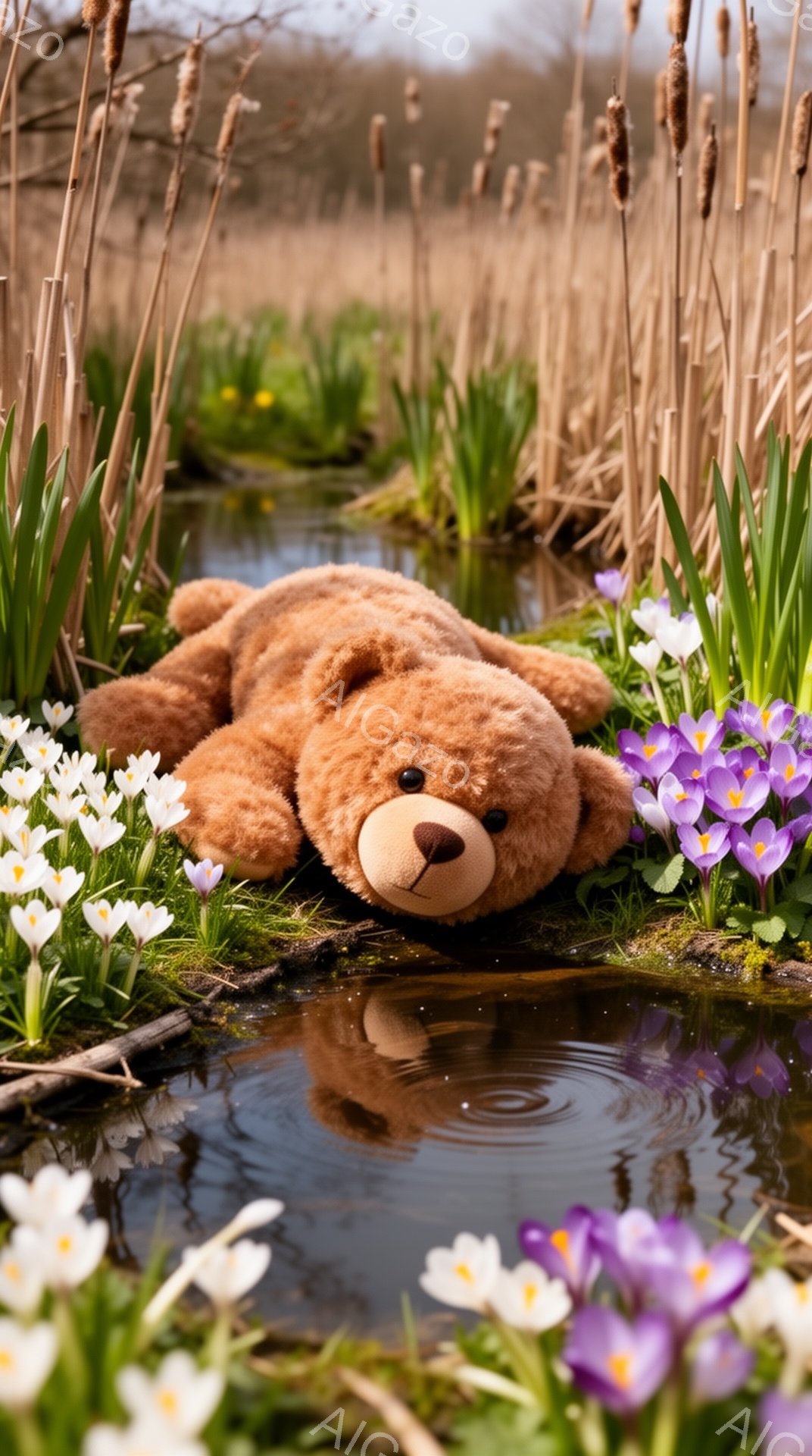 泥だらけの小川の縁に、茶色のテディベアが置かれています。鮮やかな紫と白のクロッカスが周りを彩り、春の訪れを感じさせます。水面にはベアと花々の鮮やかな反射が見られます。