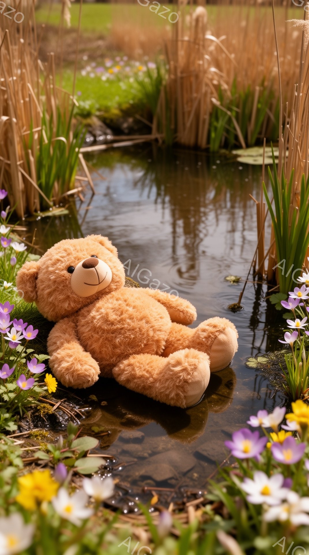 小さなテディベアが水たまりの中に浮かんでおり、周りには紫や黄色の花々が咲き乱れている。背景には背の高い草が生い茂り、穏やかで優しい雰囲気が漂っている。水面に映る空と花の色が美しく、春の訪れを感じさせる - AI生成フリー素材