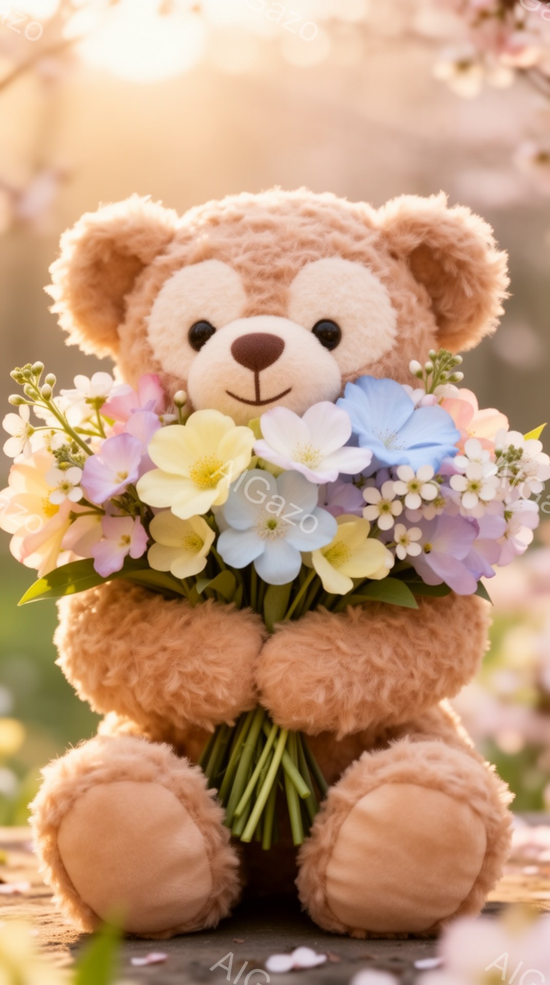 ふわふわのテディベアが、色とりどりの花束を抱えています。背景には桜の花びらが舞い、春の暖かく優しい雰囲気が漂っています。柔らかな光がテディベアを照らし、可愛らしさを引き立てています。