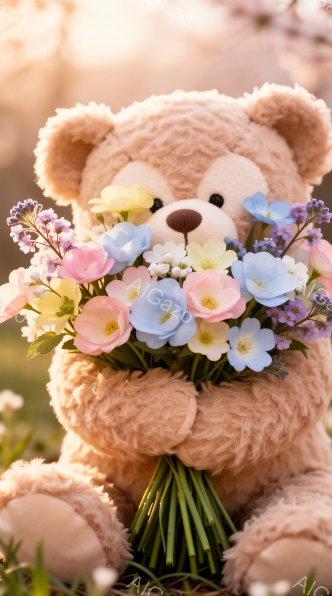 ふわふわのテディベアが、ピンク、青、紫の美しい花束を抱えています。背景にはぼやけた春の草地が広がり、暖かく穏やかな雰囲気が漂っています。日の光が柔らかく照らし、優しい印象を与えます。