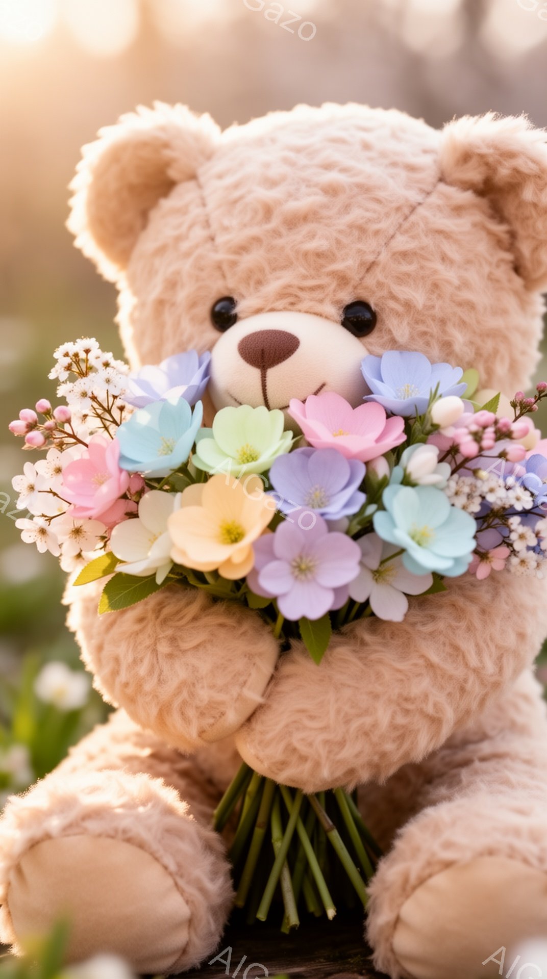 ふわふわの茶色のテディベアが、色とりどりの花束を抱えています。背景にはぼやけた緑の草むらがあり、温かく穏やかな雰囲気です。春の光が差し込み、可愛らしいシーンを演出しています。 - AI生成フリー素材
