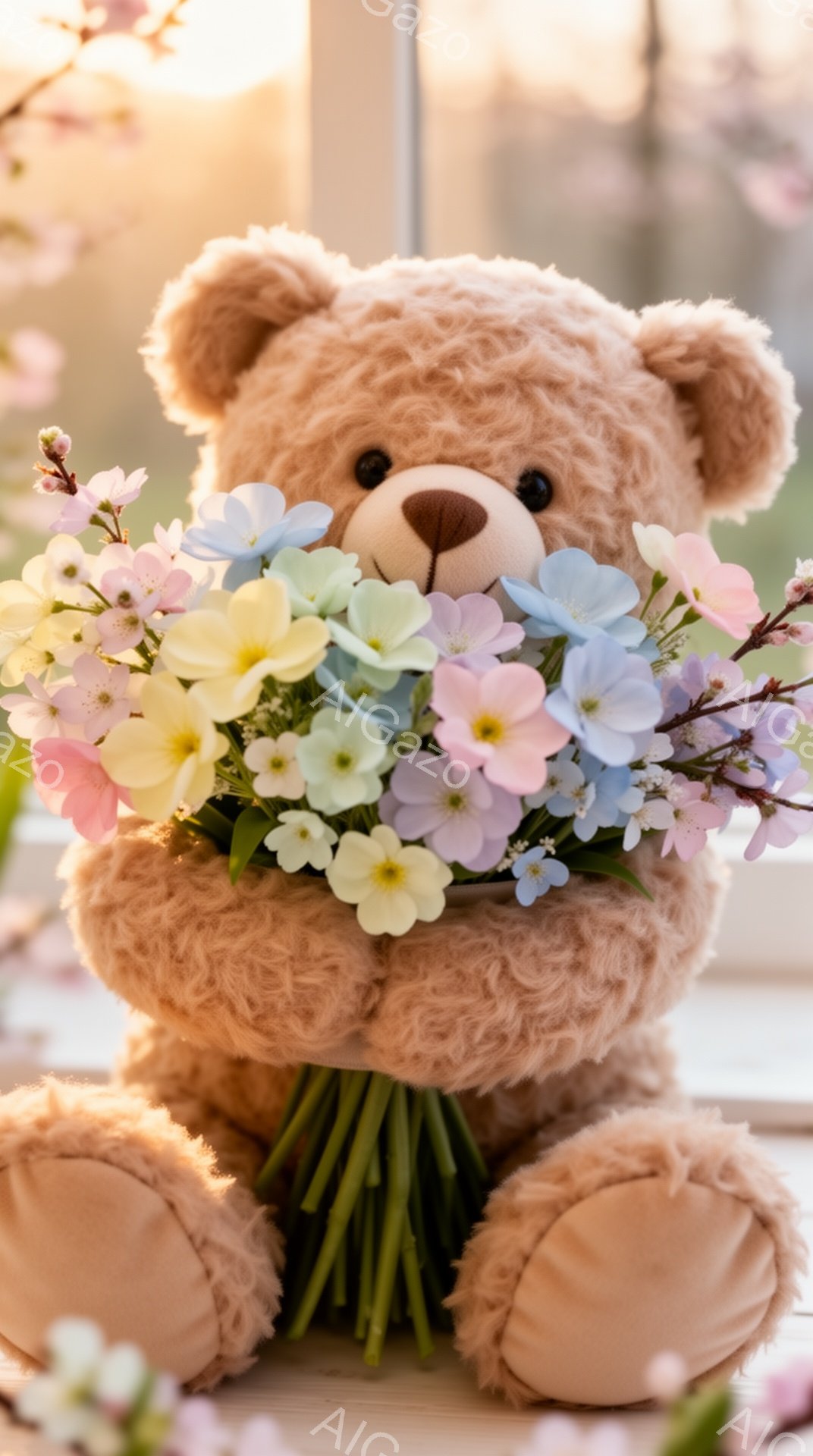 ふわふわのテディベアが、ピンクや紫、黄色の花束を抱えています。窓からの柔らかい光が差し込み、春らしい穏やかな雰囲気です。背景には桜の花びらが舞い、暖かく優しい印象を与えます。