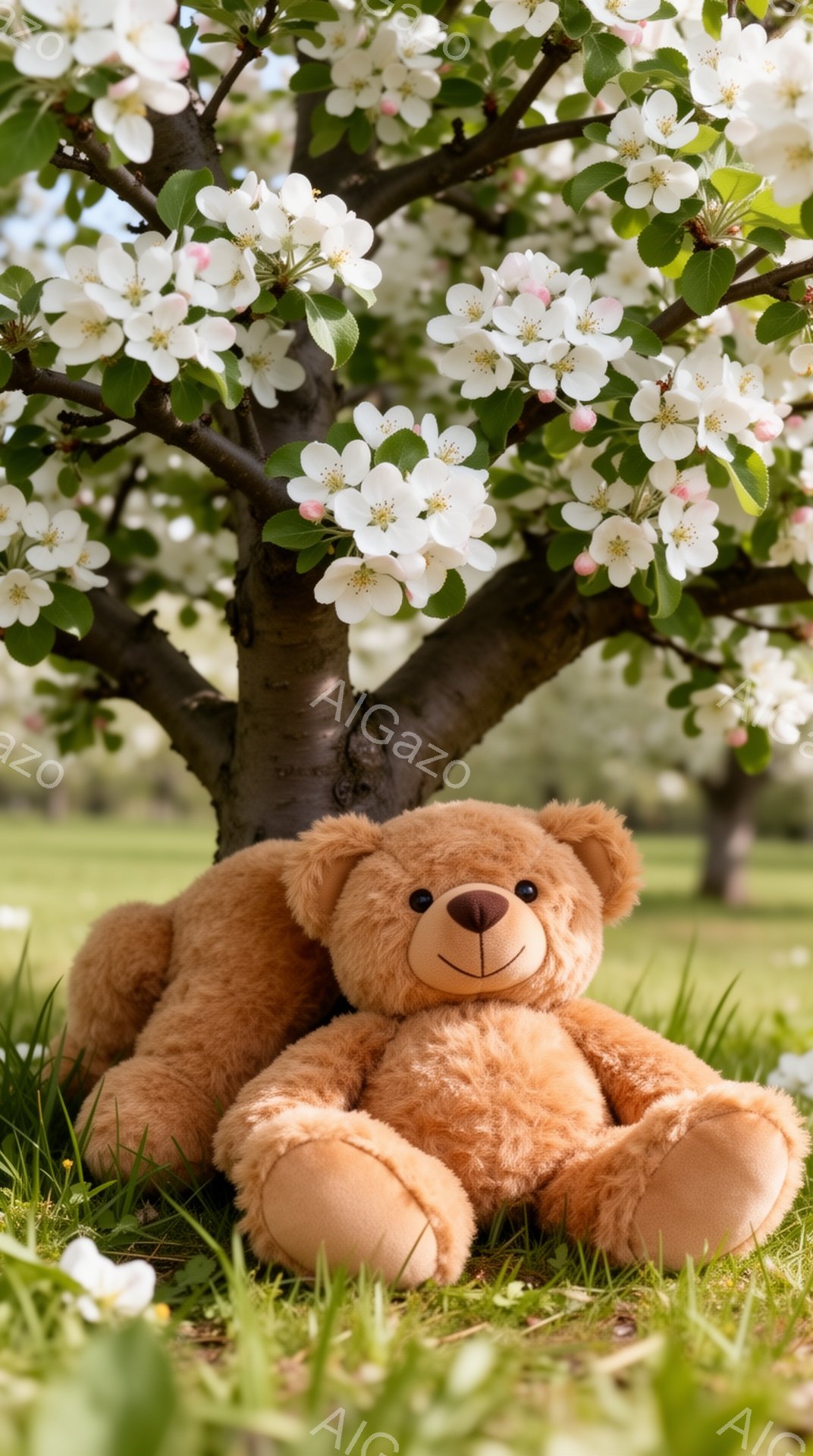 緑の草の上に座っているテディベアがいます。背景には白く美しい桜の木があり、春の穏やかな雰囲気が漂っています。柔らかい光が全体を包み込み、心安らぐ光景です。 - AI生成フリー素材