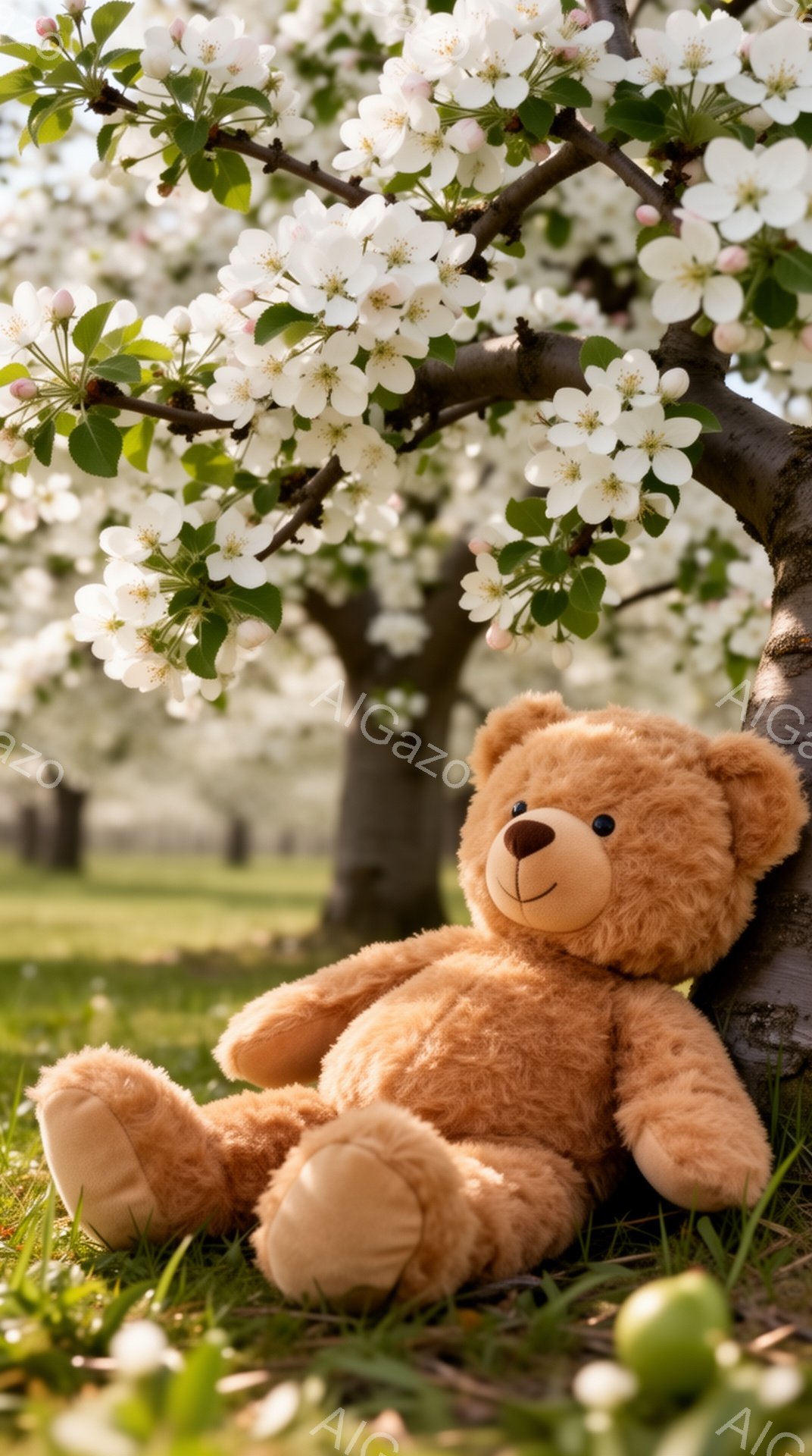 緑の草の上に座っている茶色のテディベアがいます。桜の木の下でリラックスした雰囲気で、春の穏やかな日差しが差し込んでいます。背景にはぼやけた緑の木々と空が見え、平和で優しい光景です。 - AI生成フリー素材