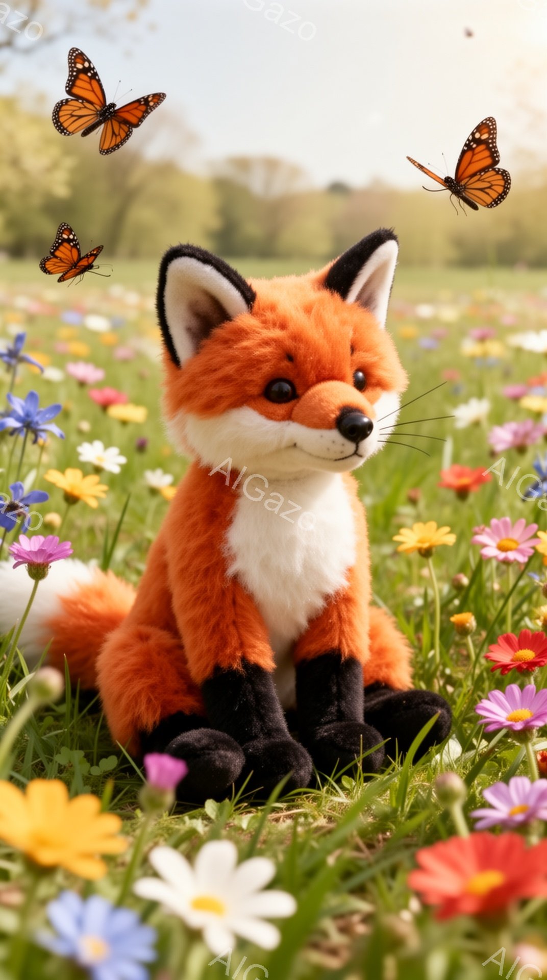 オレンジ色の毛並みを持つ子ギツネが、色とりどりの花々が咲き乱れる草原に座っています。背中には白い模様があり、可愛らしい表情をしています。周りには数匹の蝶が舞い、穏やかな春の日の雰囲気を醸し出しています - AI生成フリー素材