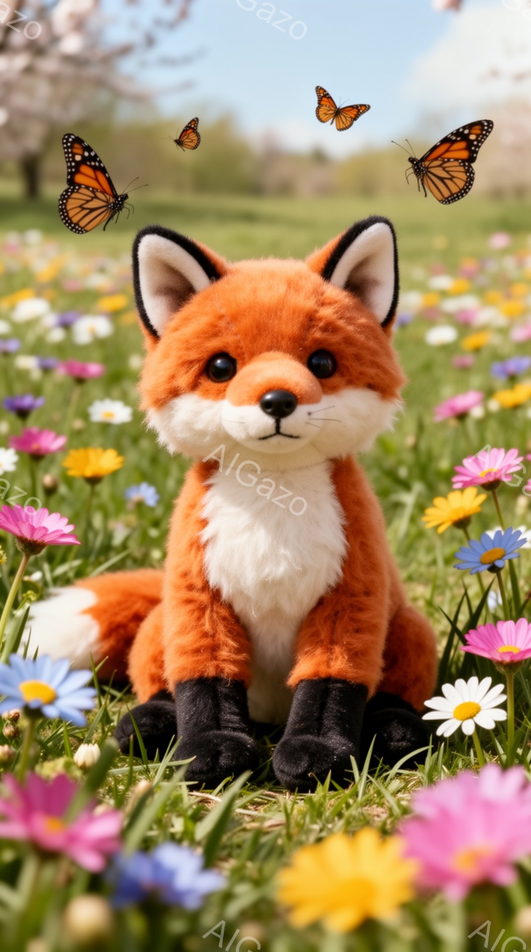 明るい緑の草の上で、可愛らしいキツネのぬいぐるみが座っています。周りにはピンク、黄、青の小さな花が咲き乱れ、暖かい春の雰囲気です。空にはオレンジ色の蝶が舞っており、その可愛らしさを引き立てています。 - AI生成フリー素材