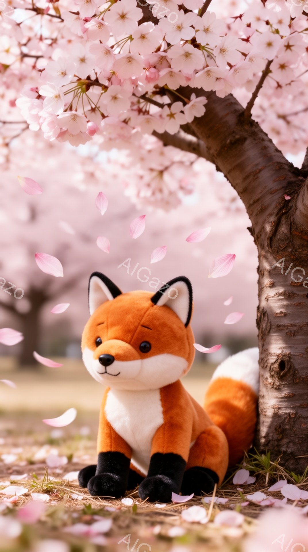 オレンジ色のキツネのぬいぐるみが桜の木の下に座っています。周りには桜の花びらが舞い散り、春らしい穏やかな雰囲気が漂っています。背景にはぼやけた緑の草むらと桜の木が見えます。 - AI生成フリー素材