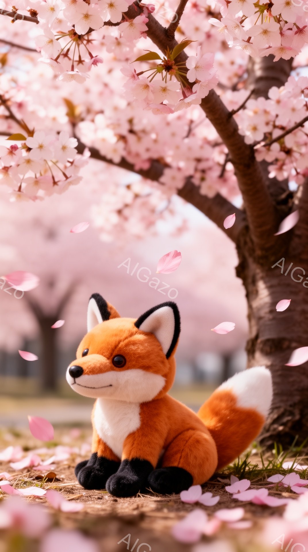 桜の木の下に座っているぬいぐるみキツネがいます。ピンク色の桜の花びらが舞い散り、春の穏やかな雰囲気が漂っています。キツネは正面を見ていて、可愛らしい表情をしています。 - AI生成フリー素材