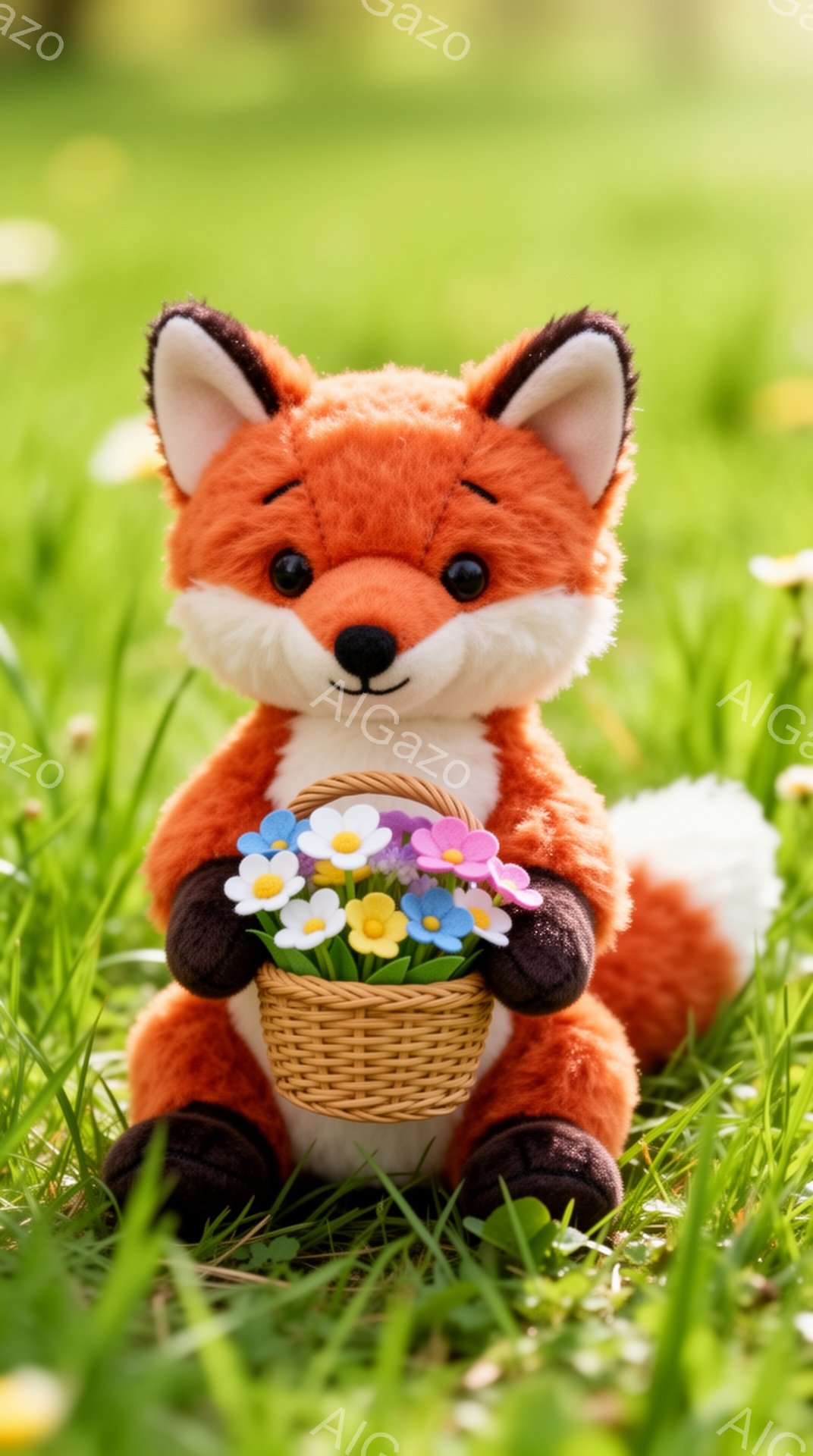 明るい緑の草の上に、かわいらしいキツネのぬいぐるみが座っています。キツネは手に小さなバスケットを持っており、中には色とりどりの花が活けてあります。背景はぼやけており、春の穏やかな雰囲気が伝わってきます。