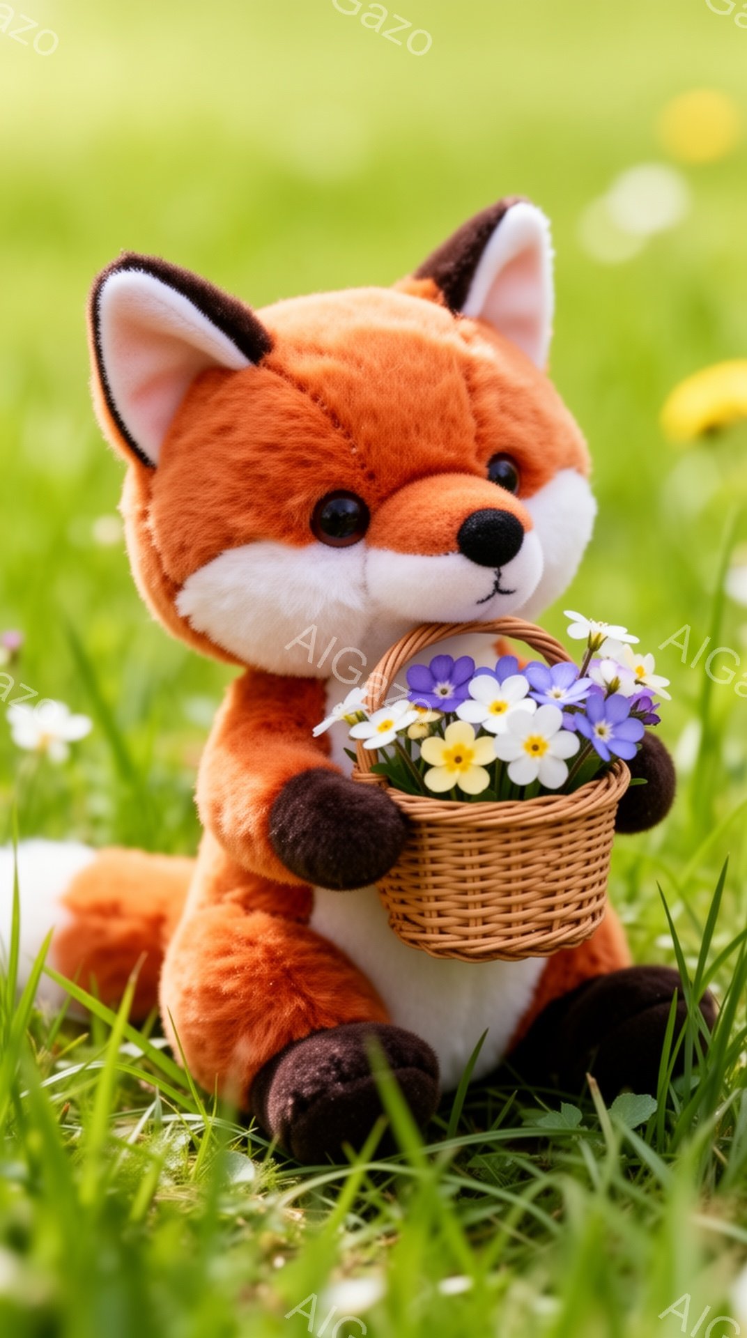 明るい緑の草原に、オレンジ色のキツネのぬいぐるみが座っています。小さなバスケットを抱え、中には色とりどりの花が咲き乱れています。暖かく優しい雰囲気で、春の訪れを感じさせます。 - AI生成フリー素材