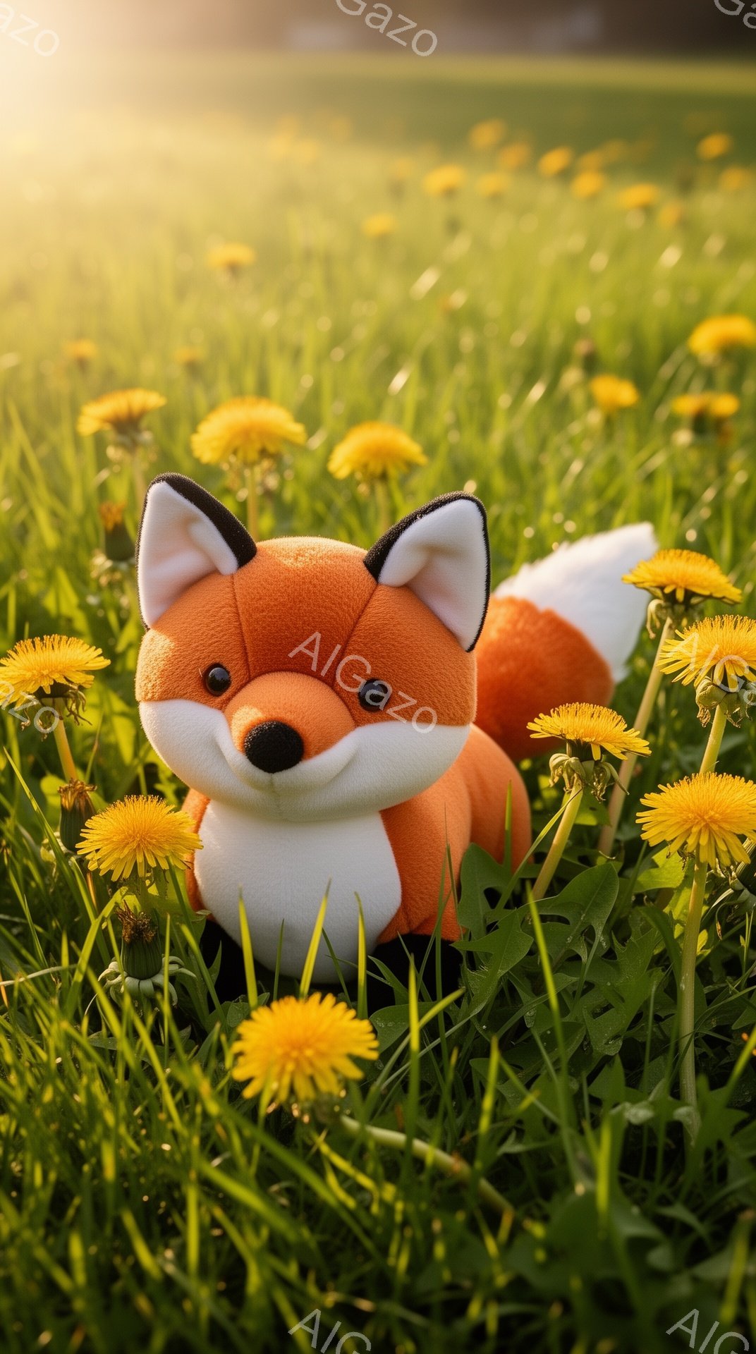 草原でオレンジ色のキツネのぬいぐるみがお座りしています。周りには黄色いタンポポが咲き乱れ、暖かい日差しが全体を照らしています。可愛らしいキツネは、穏やかで平和な雰囲気を醸し出しています。 - AI生成フリー素材