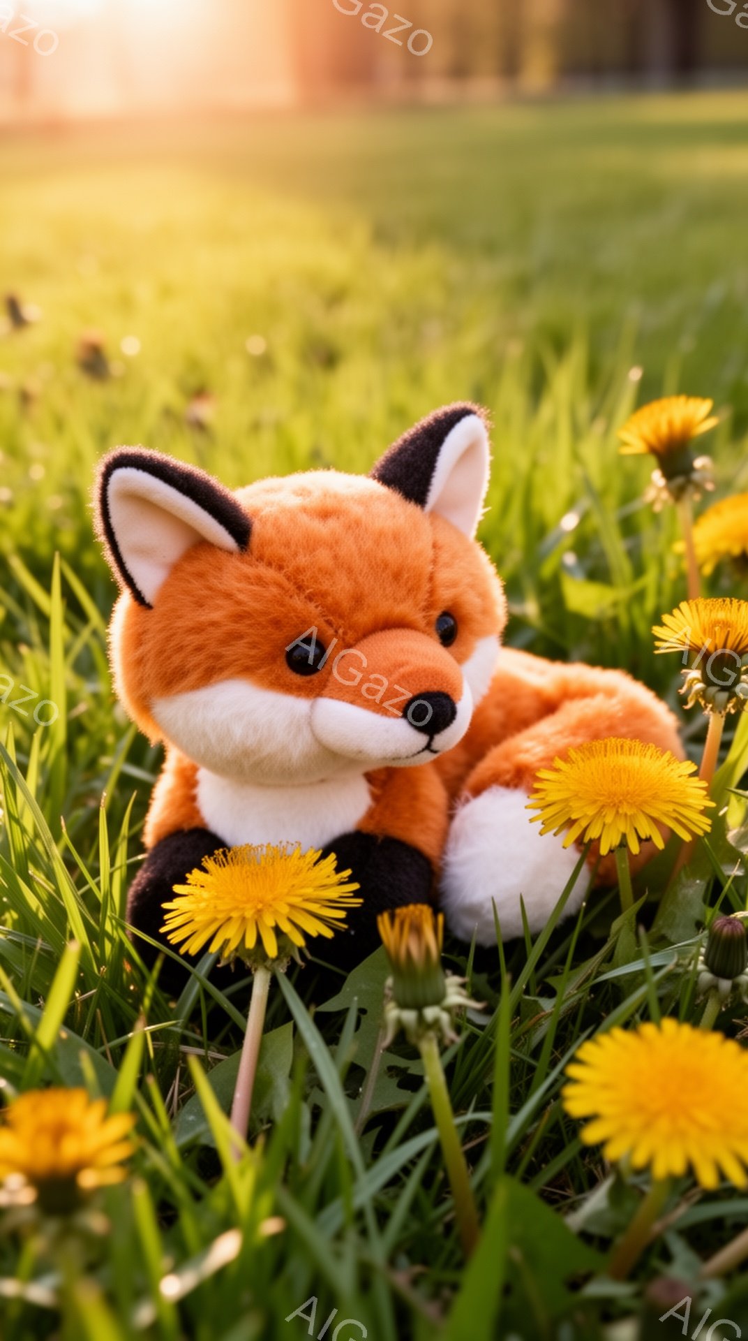 明るい緑の草の上に、オレンジ色のキツネのぬいぐるみがお座りしている。周りには黄色いタンポポの花が咲き乱れ、背景には柔らかい光が差し込んでいる。温かく穏やかな雰囲気が感じられる、春の日の光景だ。 - AI生成フリー素材
