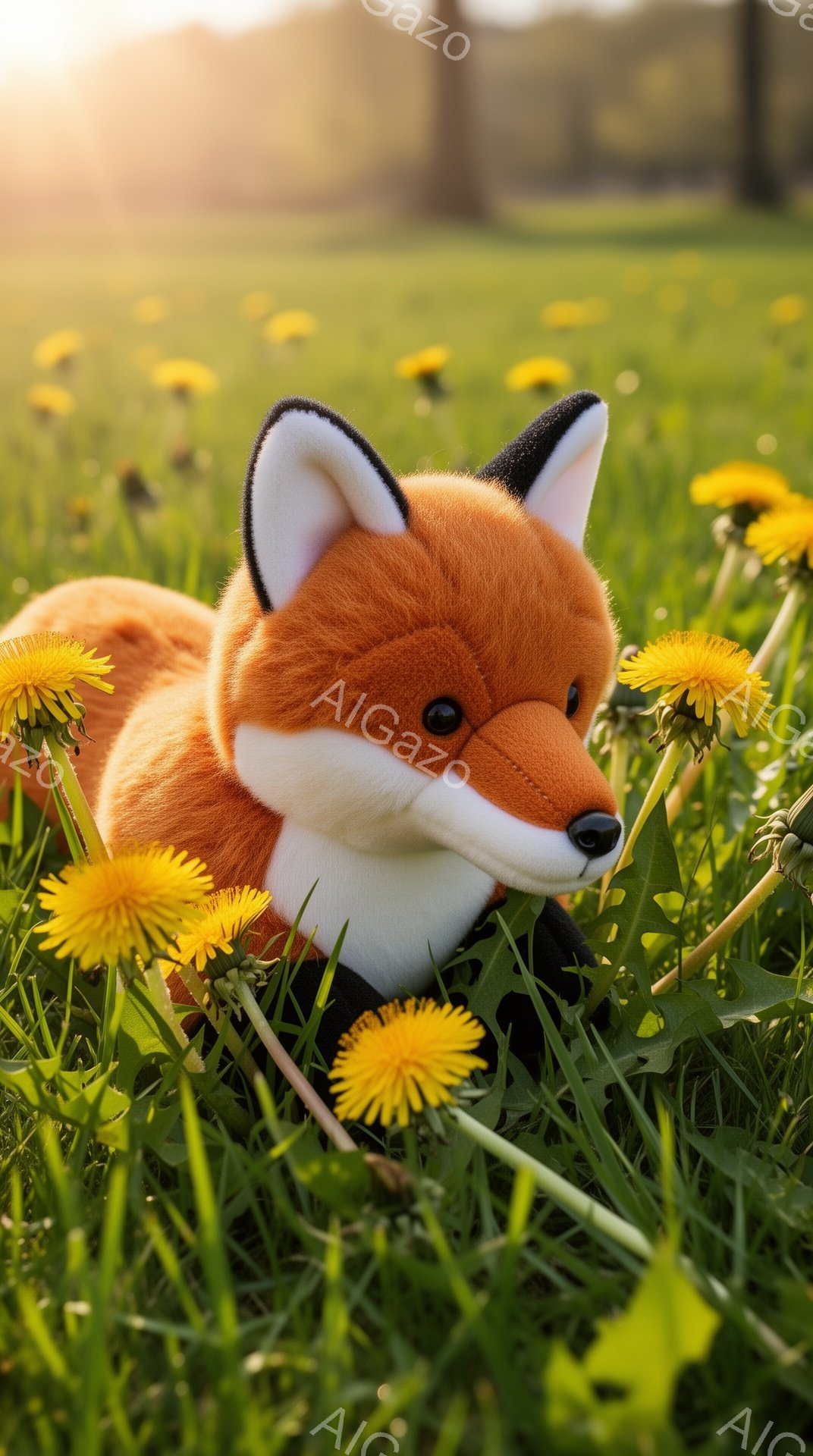 広々とした緑の草原で、たくさんのタンポポに囲まれたぬいぐるみのようなキツネが横たわっています。 キツネはオレンジ色の毛並みで、白い胸と耳が特徴的です。 明るい日差しが差し込み、暖かく穏やかな雰囲気が漂 - AI生成フリー素材