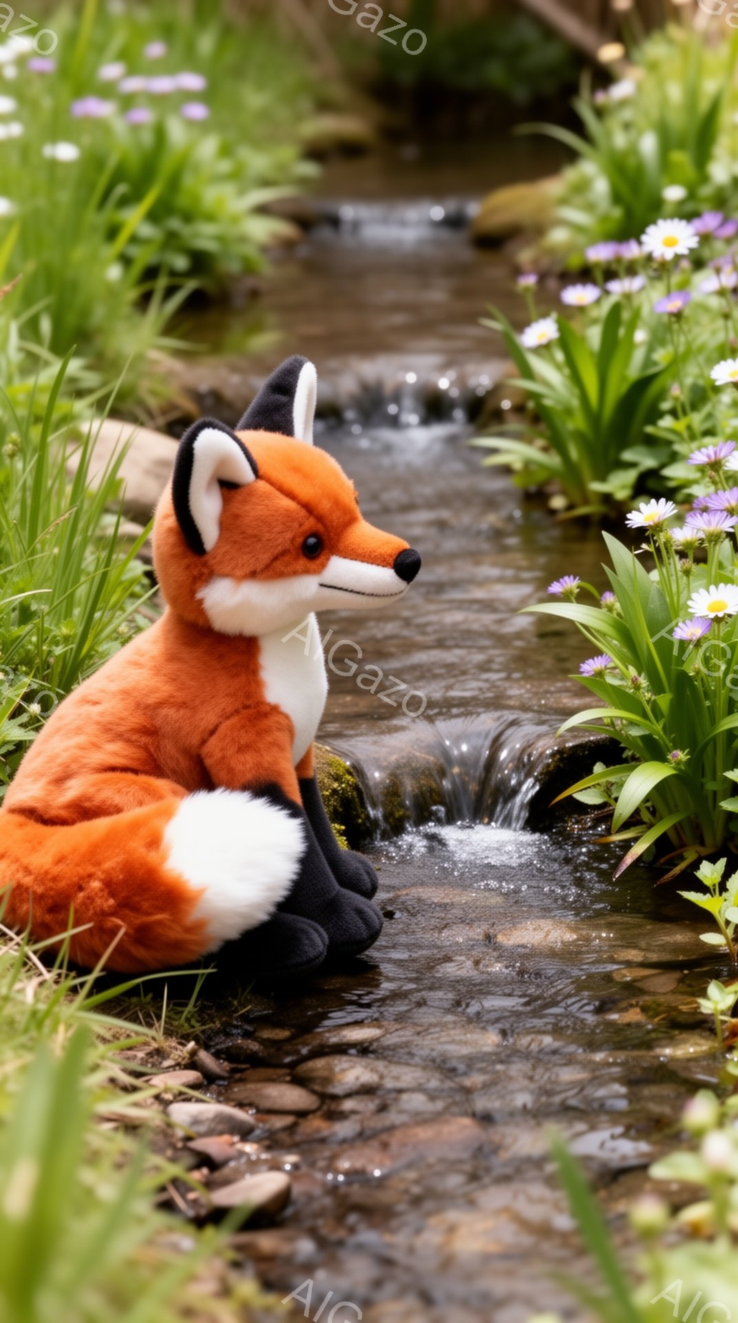 明るい緑の草と紫色の花に囲まれた小川のそばに、オレンジと黒の毛皮を持つぬいぐるみキツネが座っています。キツネは静かに流れを見つめ、穏やかな雰囲気を醸し出しています。水の流れと鮮やかな植物が、自然の美しさを強調しています。