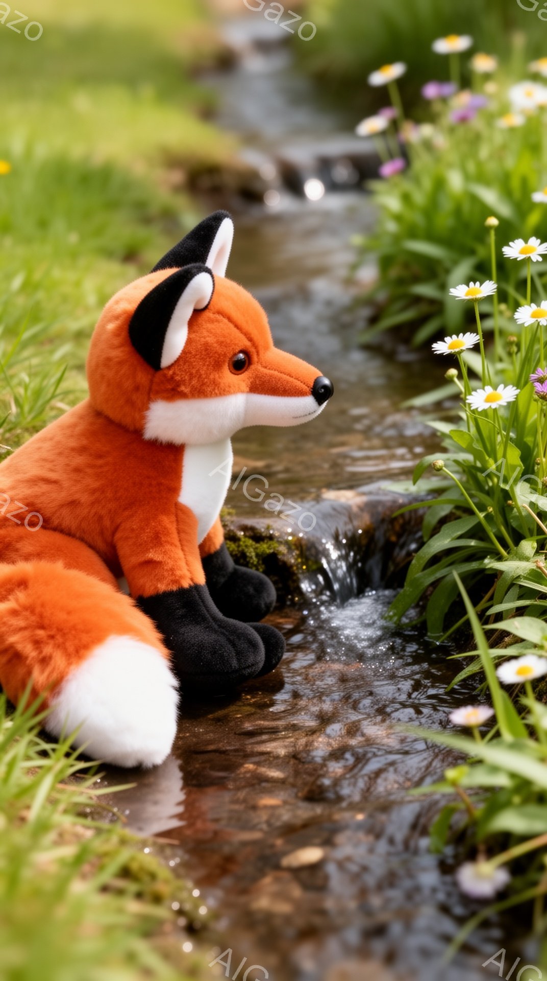 明るい緑の草むらのそばの小さな小川の縁に、オレンジと白の毛並みをしたぬいぐるみキツネが座っています。キツネは右を向いており、足は水に浸かっており、周囲には白い花が咲いています。穏やかで平和な雰囲気を感 - AI生成フリー素材