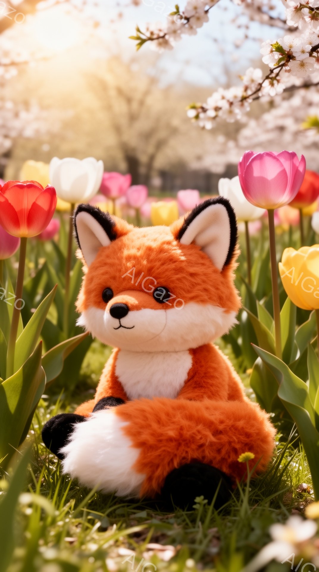 鮮やかなチューリップ畑に、オレンジ色のキツネのぬいぐるみがお座りしています。背景には桜の木がぼんやりと見え、春の柔らかな光が全体を包み込んでいます。可愛らしいキツネは穏やかな表情で、春の訪れを感じさせ - AI生成フリー素材