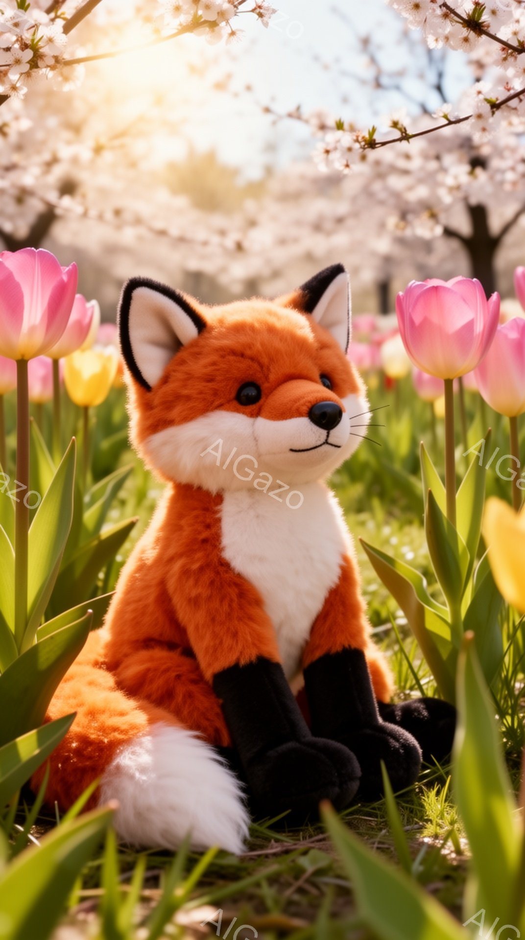 明るい春の日に、オレンジ色のキツネのぬいぐるみは、ピンクと黄色のチューリップの花畑の中に座っています。キツネはまっすぐ前を見て、穏やかな表情をしています。背景には桜の木が咲き乱れ、温かい光が差し込んで - AI生成フリー素材