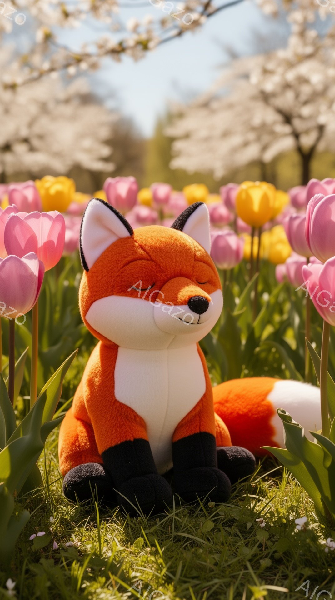 明るい日差しの下、チューリップ畑に座るオレンジ色のキツネのぬいぐるみ。 目を閉じ、穏やかな表情をしており、背景にはぼやけた桜の木が見える。 春らしい暖かく、牧歌的な雰囲気の画像だ。 - AI生成フリー素材