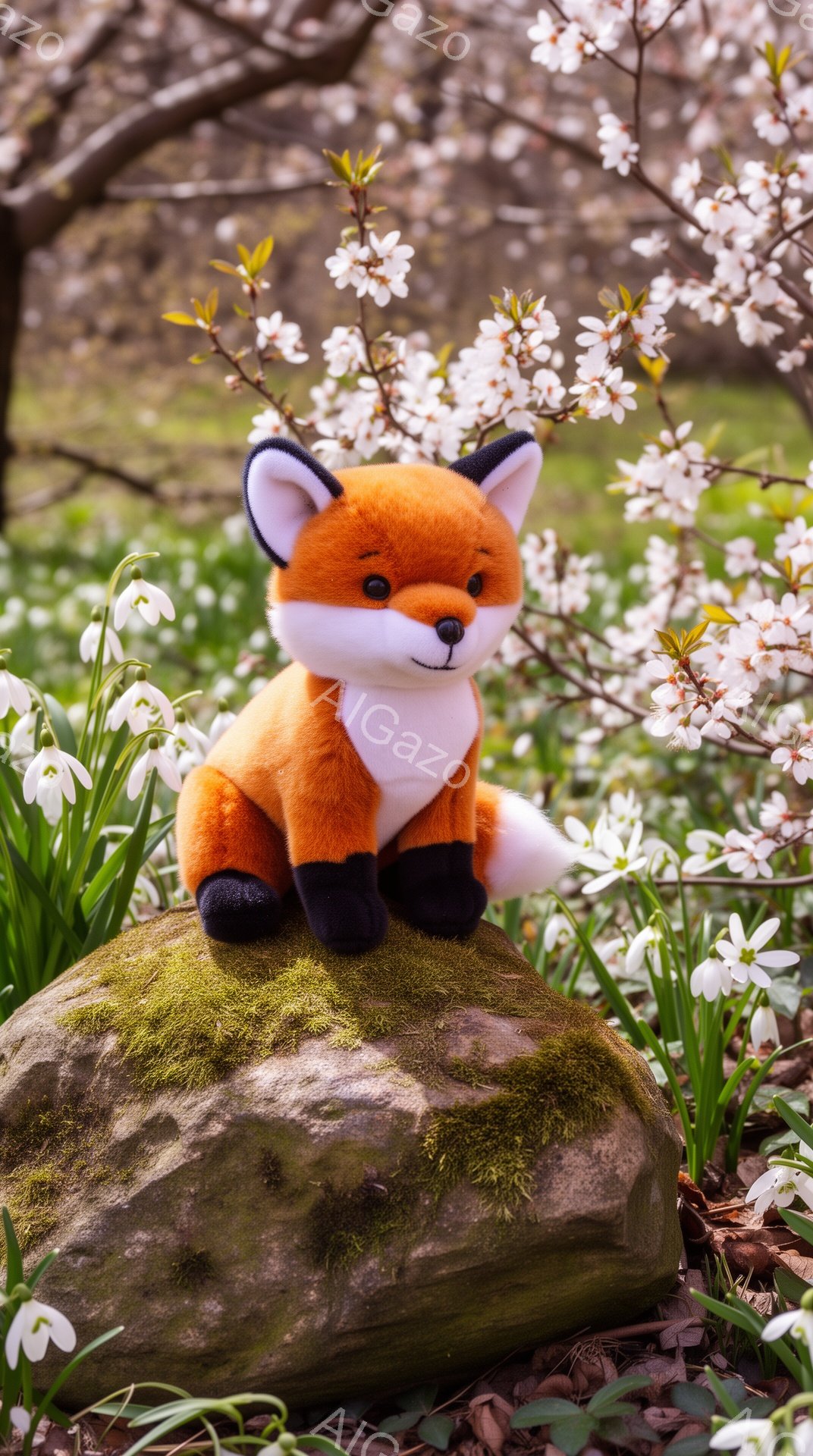 明るい緑の苔に覆われた岩の上に、可愛らしいオレンジ色のキツネのぬいぐるみが座っています。背景には、白くて小さなスノードロップの花が咲き乱れ、春の穏やかな雰囲気が漂っています。暖かく柔らかな光が、ぬいぐ - AI生成フリー素材
