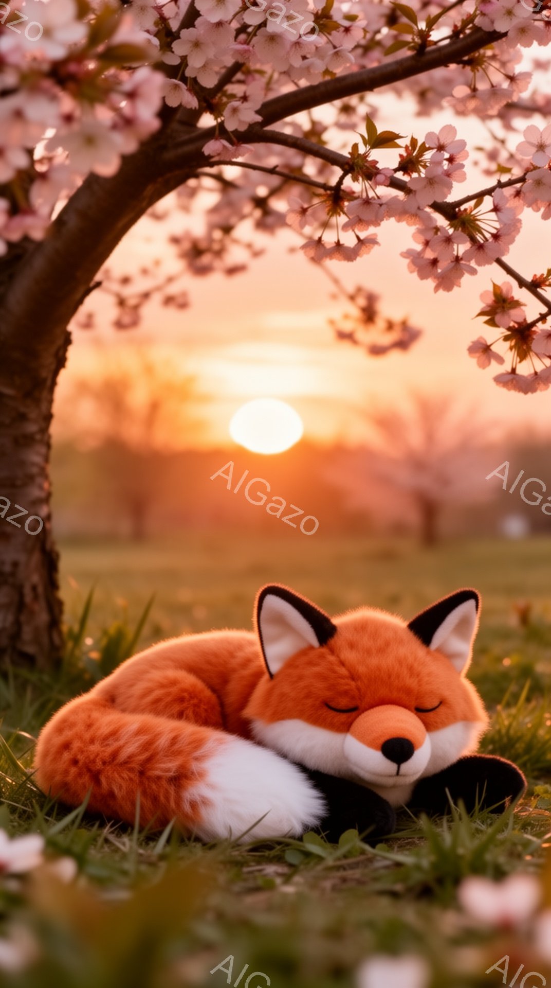 オレンジ色の狐が草原で丸まって眠っています。背景には桜の木と夕焼けが見え、穏やかで暖かい雰囲気が漂っています。緑の草とピンクの花びらが、安らぎを感じさせる美しい光景を作り出しています。 - AI生成フリー素材
