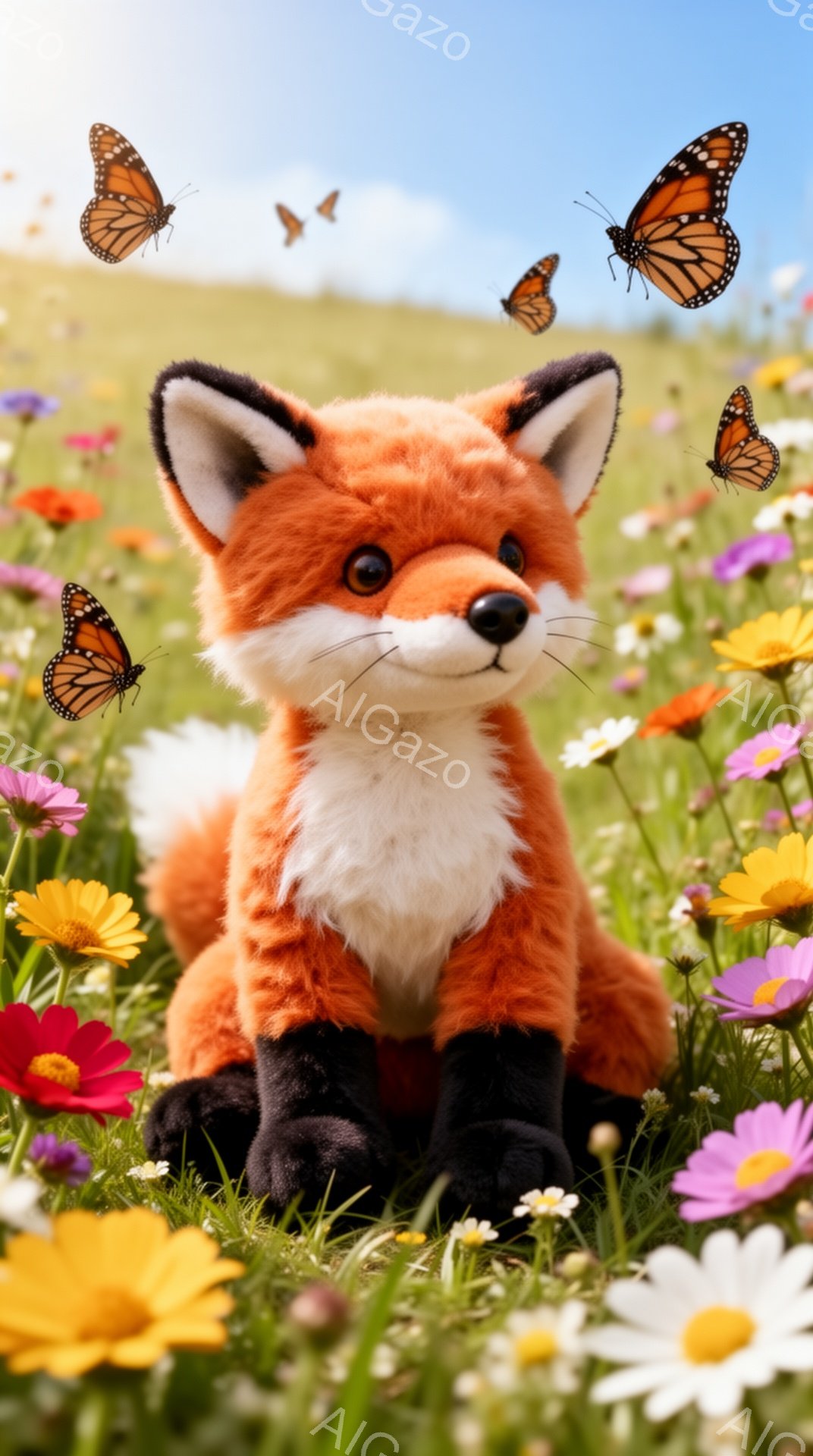 鮮やかな野原に、かわいらしいキツネのぬいぐるみがあいます。周囲には色とりどりの花が咲き乱れ、まるで春の日の優しい雰囲気を醸し出しています。数匹の蝶がキツネの周りを舞い、のどかな風景が広がっています。 - AI生成フリー素材