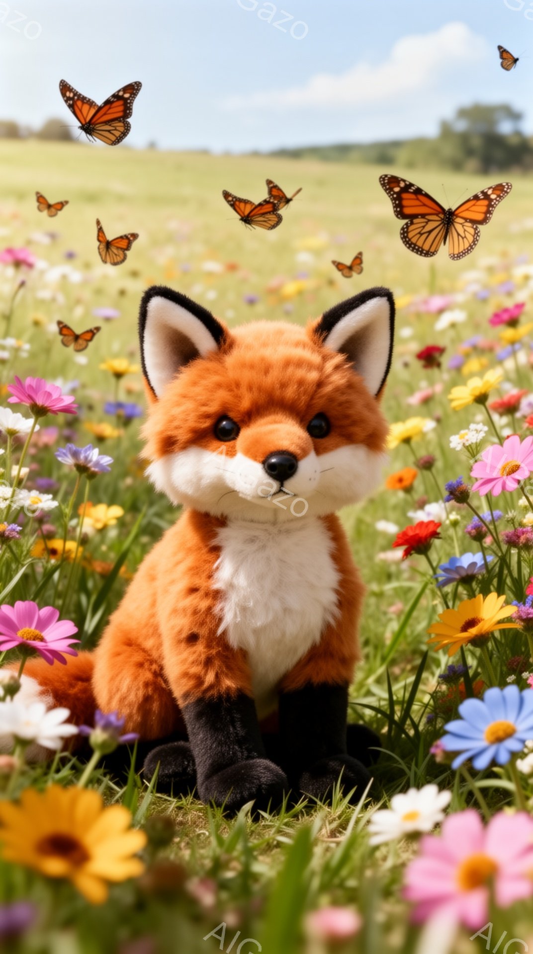 鮮やかな野花が咲き乱れる草原に、オレンジ色のキツネが座っています。ふわふわとした毛並みと、つぶらな瞳が愛らしい表情を作り出しています。周囲には色とりどりの蝶が舞い、穏やかで夢幻的な雰囲気を醸し出してい - AI生成フリー素材