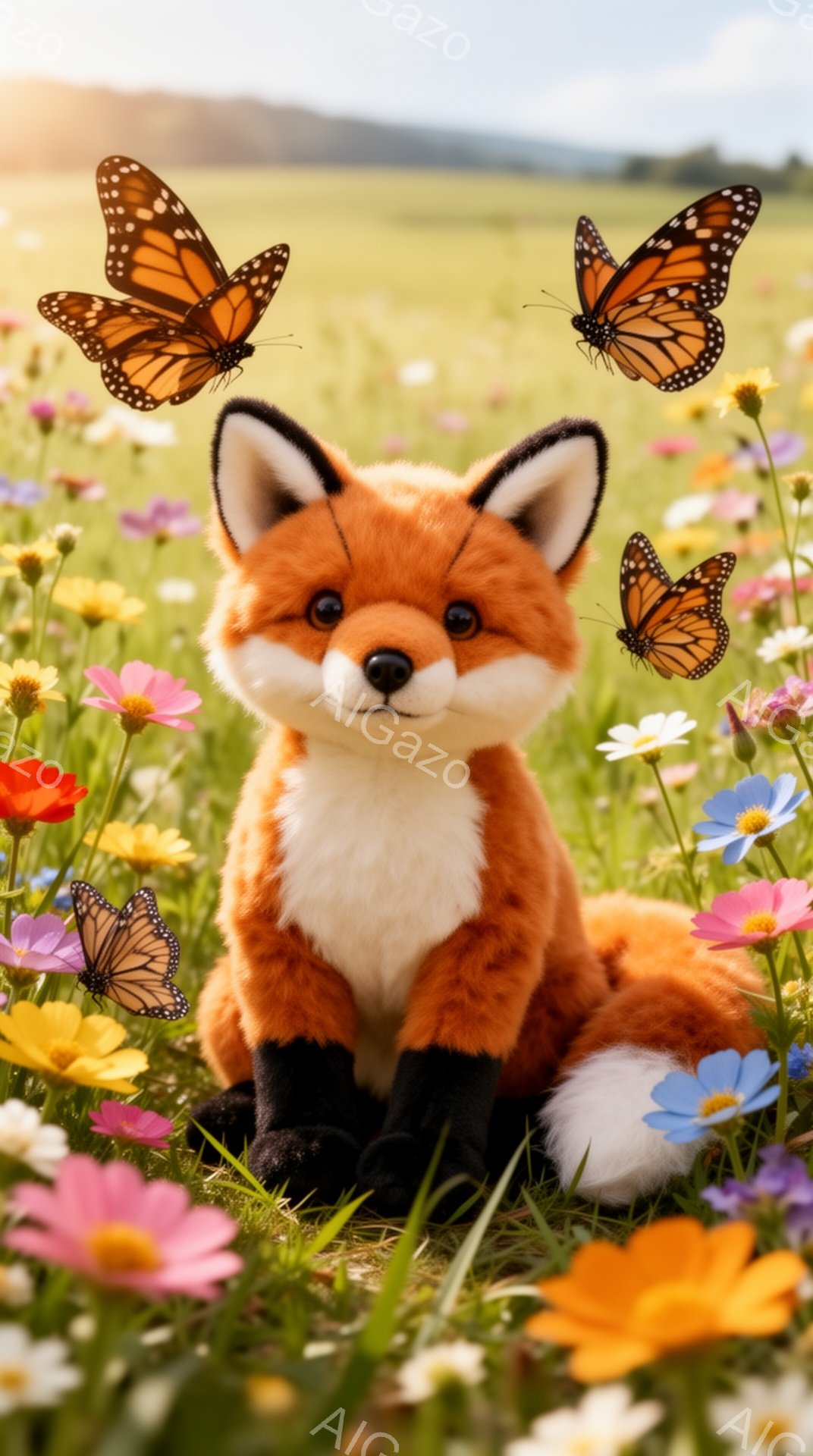 明るい草原に、可愛らしいキツネが座っています。周りには色とりどりの花が咲き乱れ、空にはオレンジ色の蝶が舞っています。穏やかで平和な雰囲気が漂う、美しい光景です。