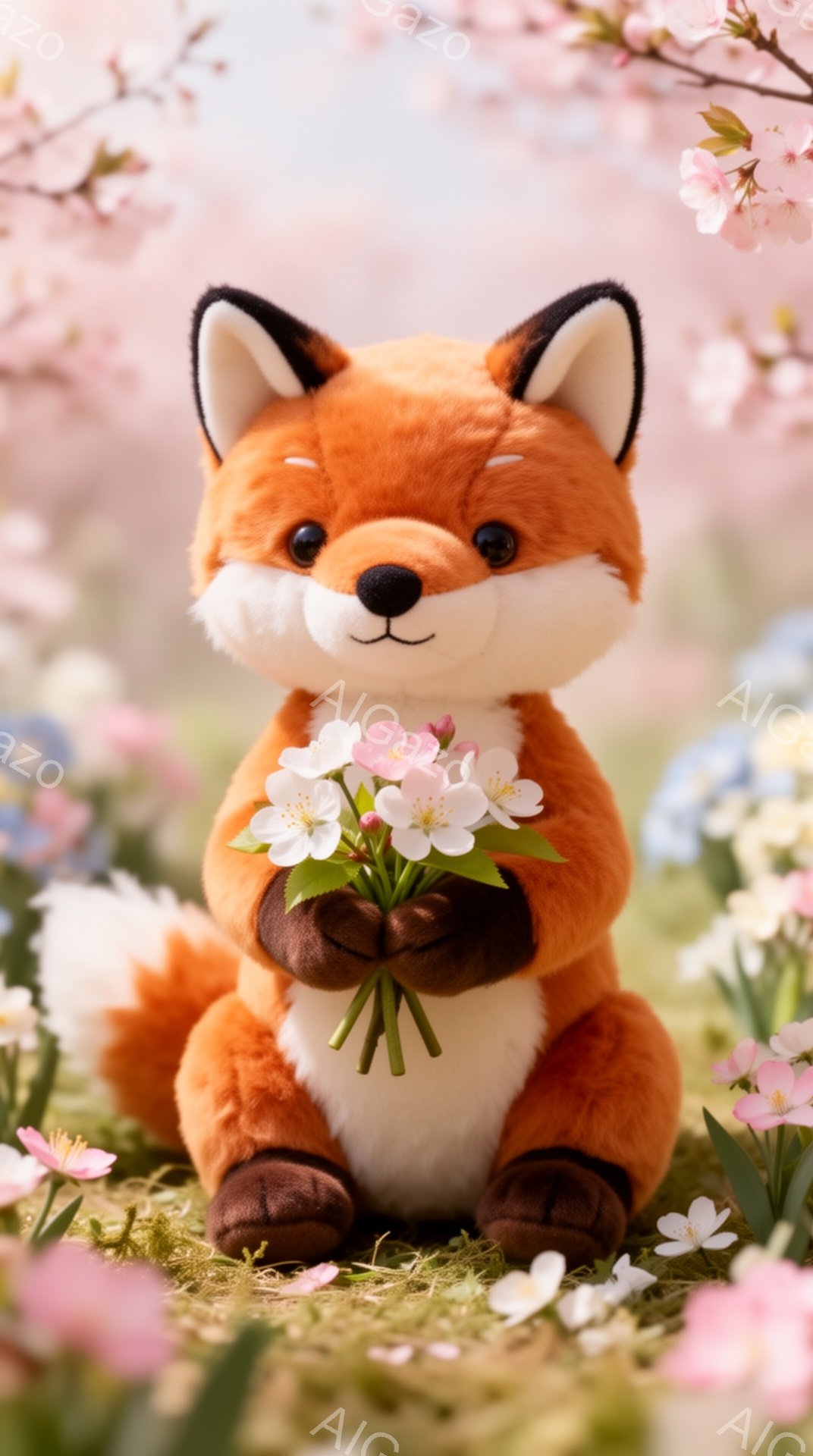 明るいオレンジ色のキツネのぬいぐるみは、花束を抱え、春の草原に座っています。背景には桜の花が咲き乱れ、暖かく穏やかな雰囲気を醸し出しています。 キツネは愛らしい表情で、見ている人を魅了します。 - AI生成フリー素材
