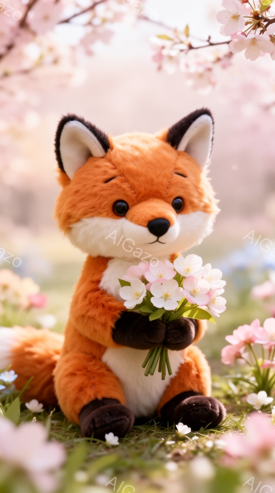 明るいピンク色の花々に囲まれた、愛らしいキツネのぬいぐるみです。キツネは花束を抱え、優しい表情でこちらを見つめています。春の暖かく穏やかな雰囲気が伝わってきます。 - AI生成フリー素材