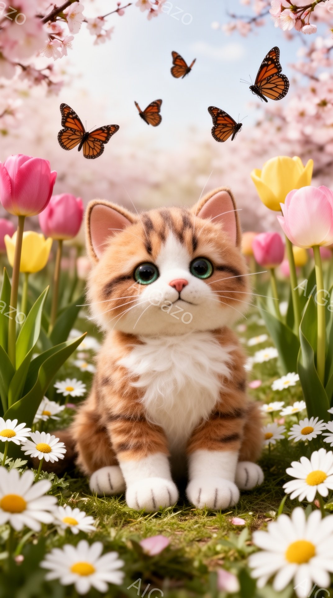 オレンジ色の縞模様の小さな子猫が、色とりどりの花々に囲まれた緑の草の上に座っています。蝶が数匹飛び交い、春らしい暖かく穏やかな雰囲気を醸し出しています。子猫は大きな緑色の瞳でカメラを見つめ、愛らしい表情をしています。