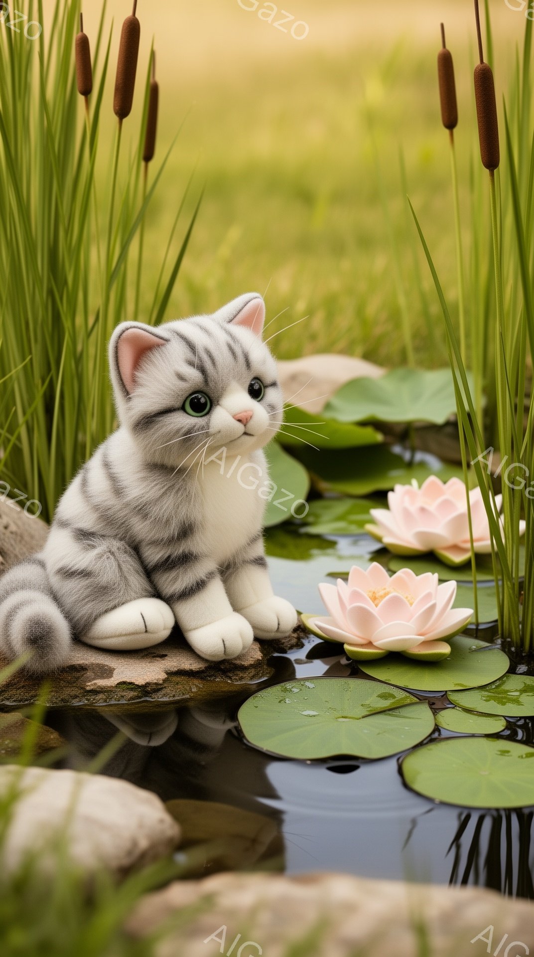 灰色の縞模様の小さな子猫が、池の縁に座って穏やかにこちらを見つめている。池にはピンク色の蓮の花が咲き、水面には緑のスイレンの葉が浮かんでいる。背景には緑豊かな草が生い茂り、穏やかで平和な雰囲気を醸し出している。