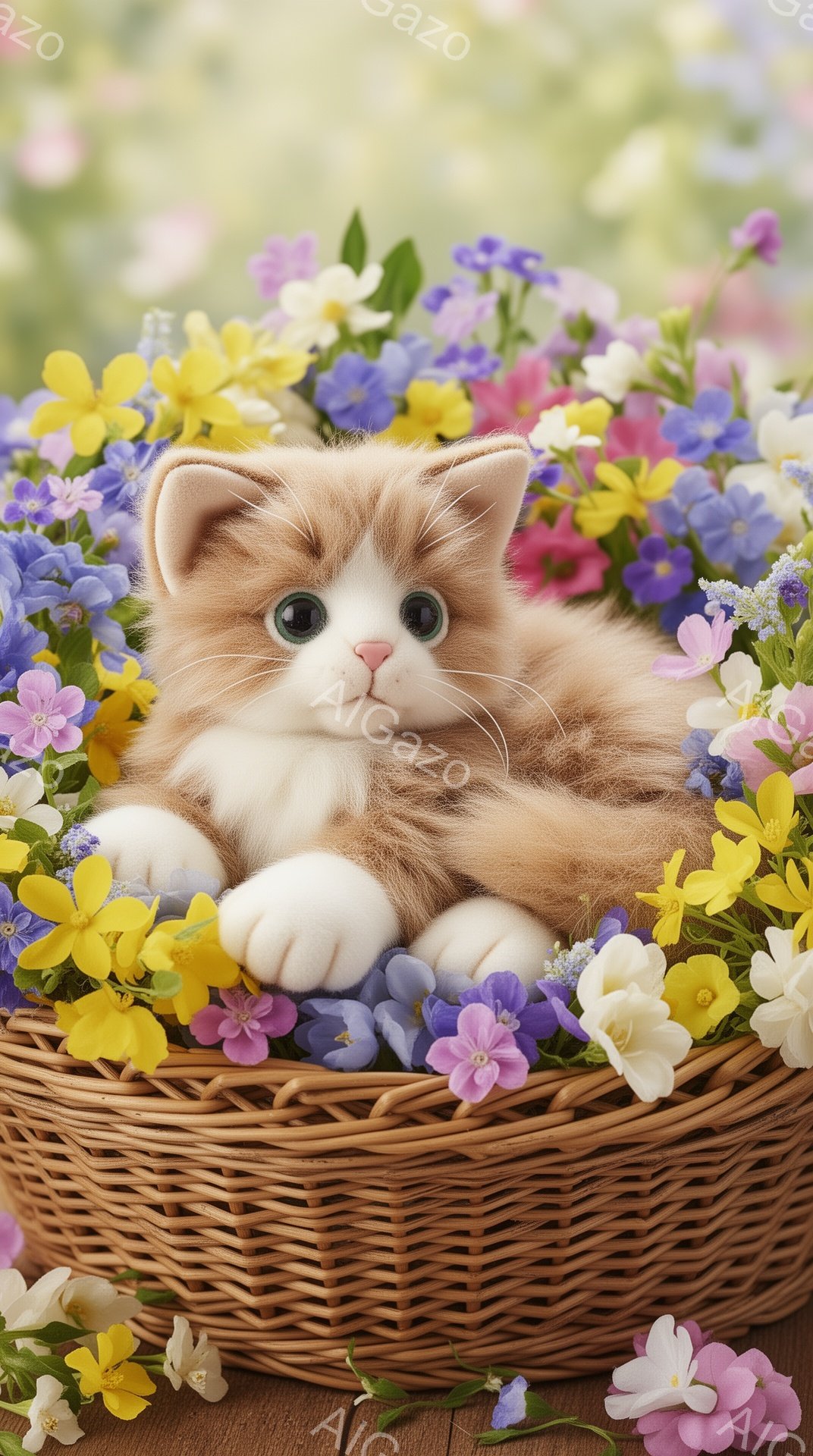明るい日差しの中、花でいっぱいのバスケットに子猫が丸まって眠っています。淡いオレンジ色の毛並みと大きな瞳が愛らしい姿を強調しています。背景は緑で、春らしい穏やかな雰囲気が漂っています。 - AI生成フリー素材