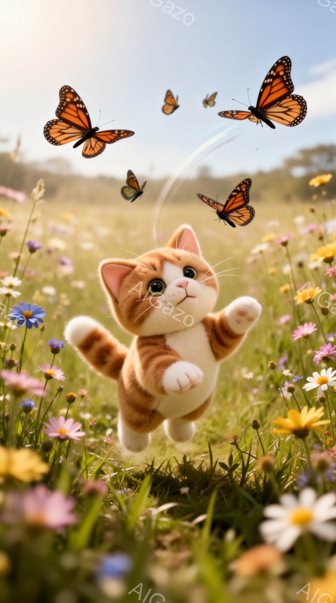 オレンジ色の仔猫が草原で蝶を追いかけている。周囲には様々な色の花が咲き乱れ、背景にはぼやけた緑の丘が見える。暖かく穏やかな雰囲気で、まるで夢の中にいるようだ。 - AI生成フリー素材
