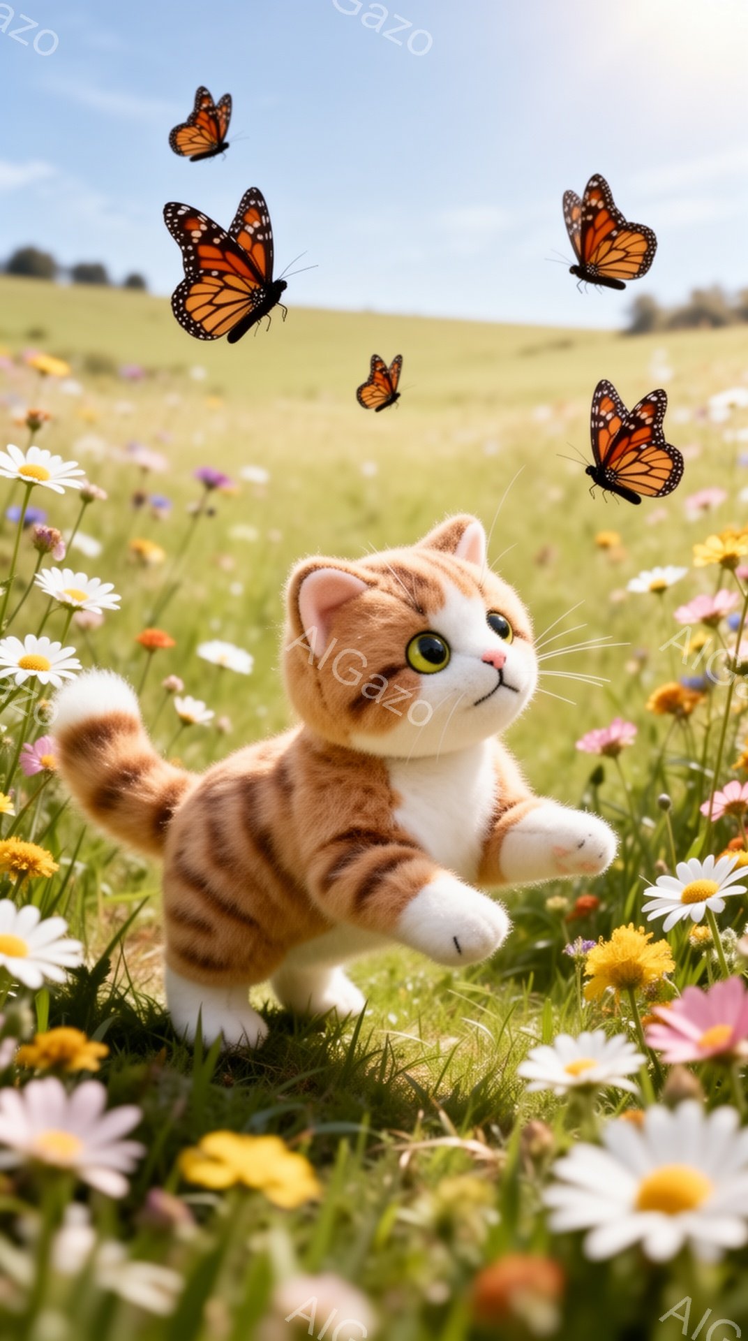 オレンジ色の縞模様の小さな子猫が、花畑の中で蝶を追いかけています。緑豊かな背景とカラフルな花々が、暖かく穏やかな雰囲気を醸し出しています。子猫の好奇心旺盛な表情が可愛らしいです。