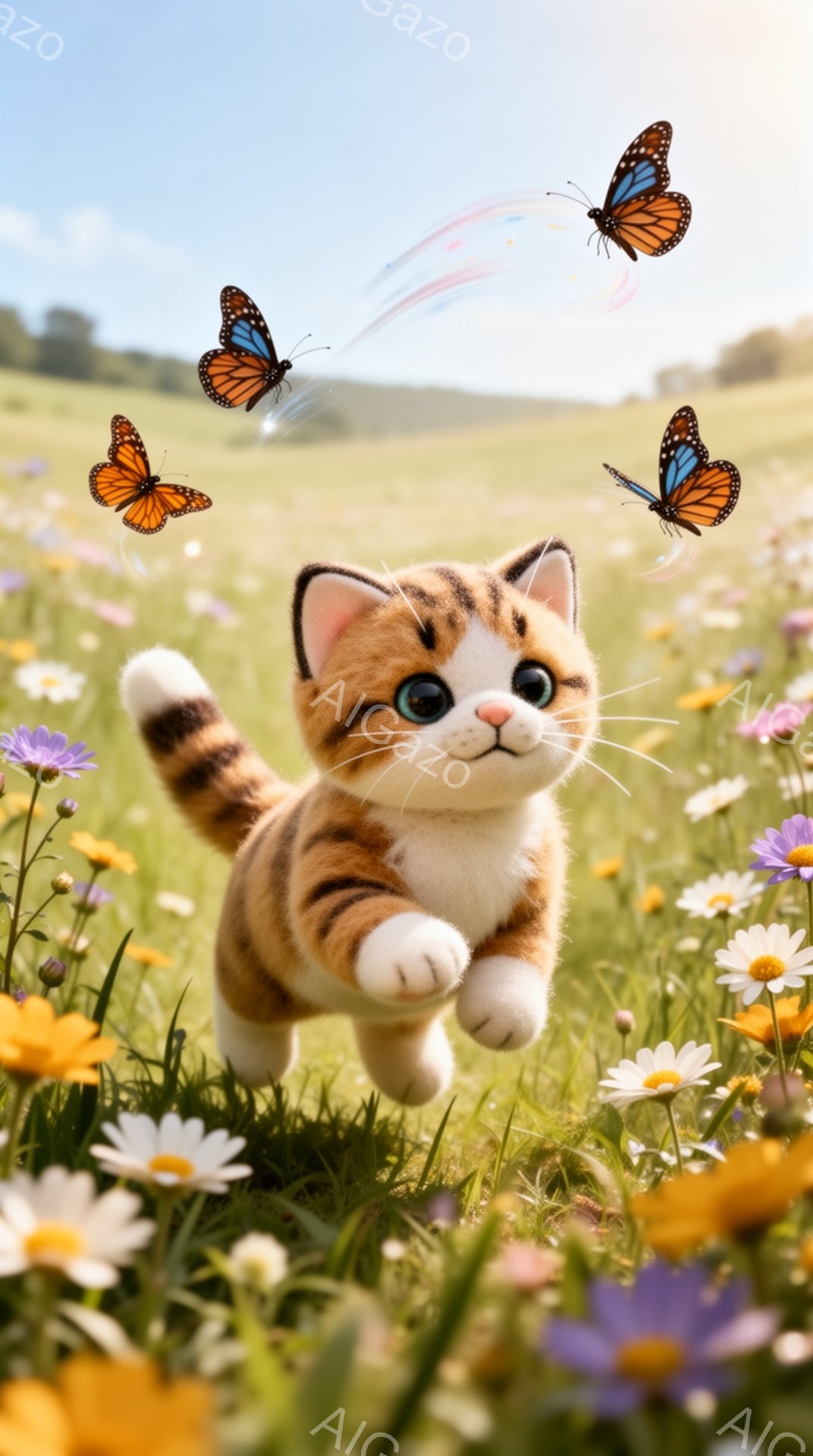 小さなオレンジ色の縞模様の猫が花畑の中を駆け抜けている。周りには色とりどりの蝶が舞い、背景には緑豊かな牧草地が広がっている。明るい日差しが猫の毛並みを照らし、暖かく穏やかな雰囲気を醸し出している。 - AI生成フリー素材