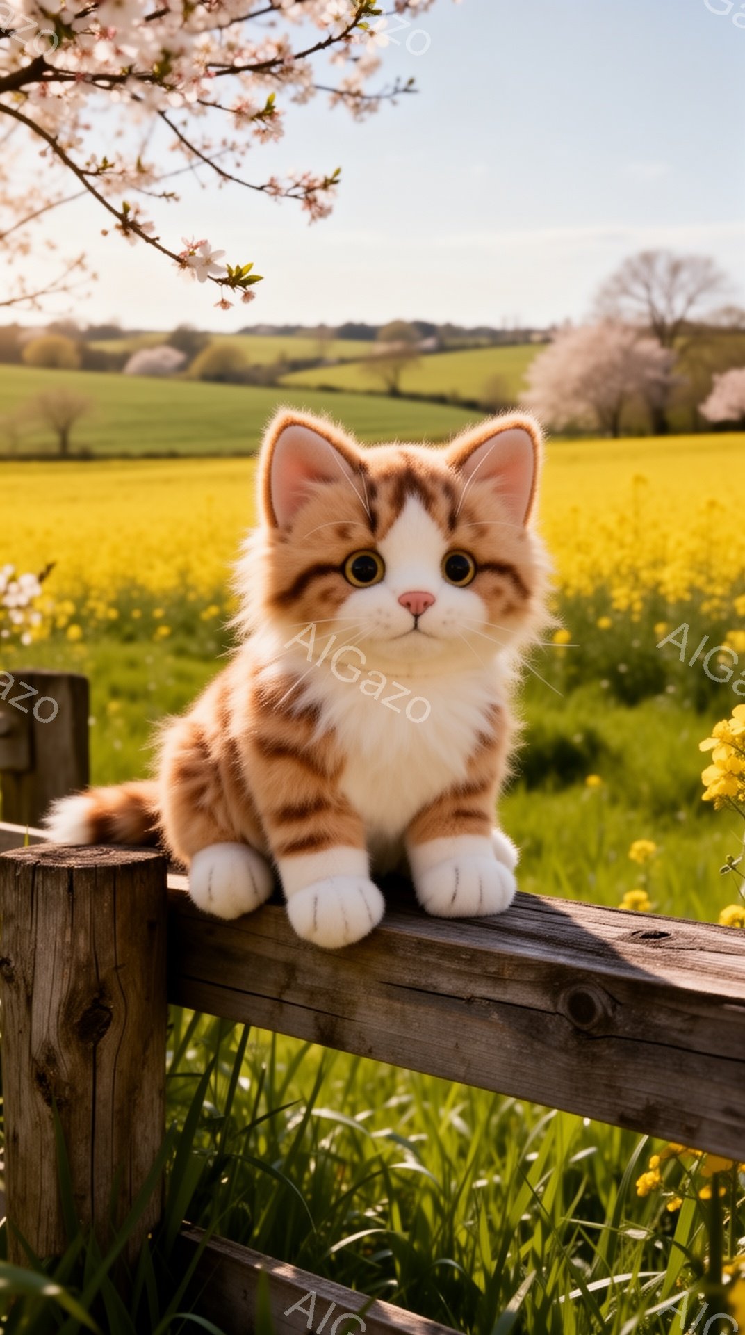 明るい緑の牧草地と黄色い花畑を背景に、フェンスの上に座るオレンジと白の縞模様の猫がいます。猫は正面を見つめ、好奇心と遊び心に満ちた表情をしています。春の暖かい日差しが猫の毛並みを照らし、のどかな雰囲気を醸し出しています。