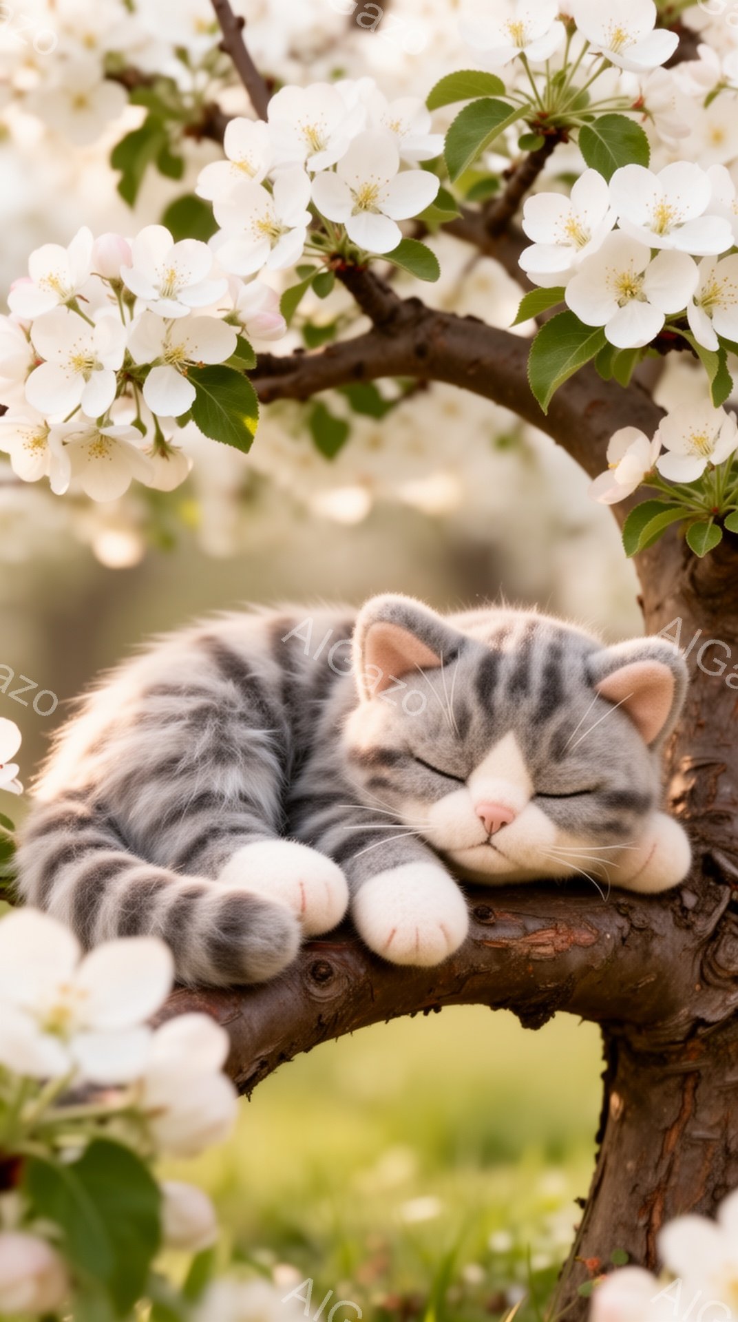 灰色と白の縞模様の猫が木の枝に丸まって眠っています。周りにはピンクと白の美しい花が咲き乱れ、春の暖かく穏やかな雰囲気を感じさせます。猫はリラックスして平和な表情で、とても可愛らしいです。 - AI生成フリー素材