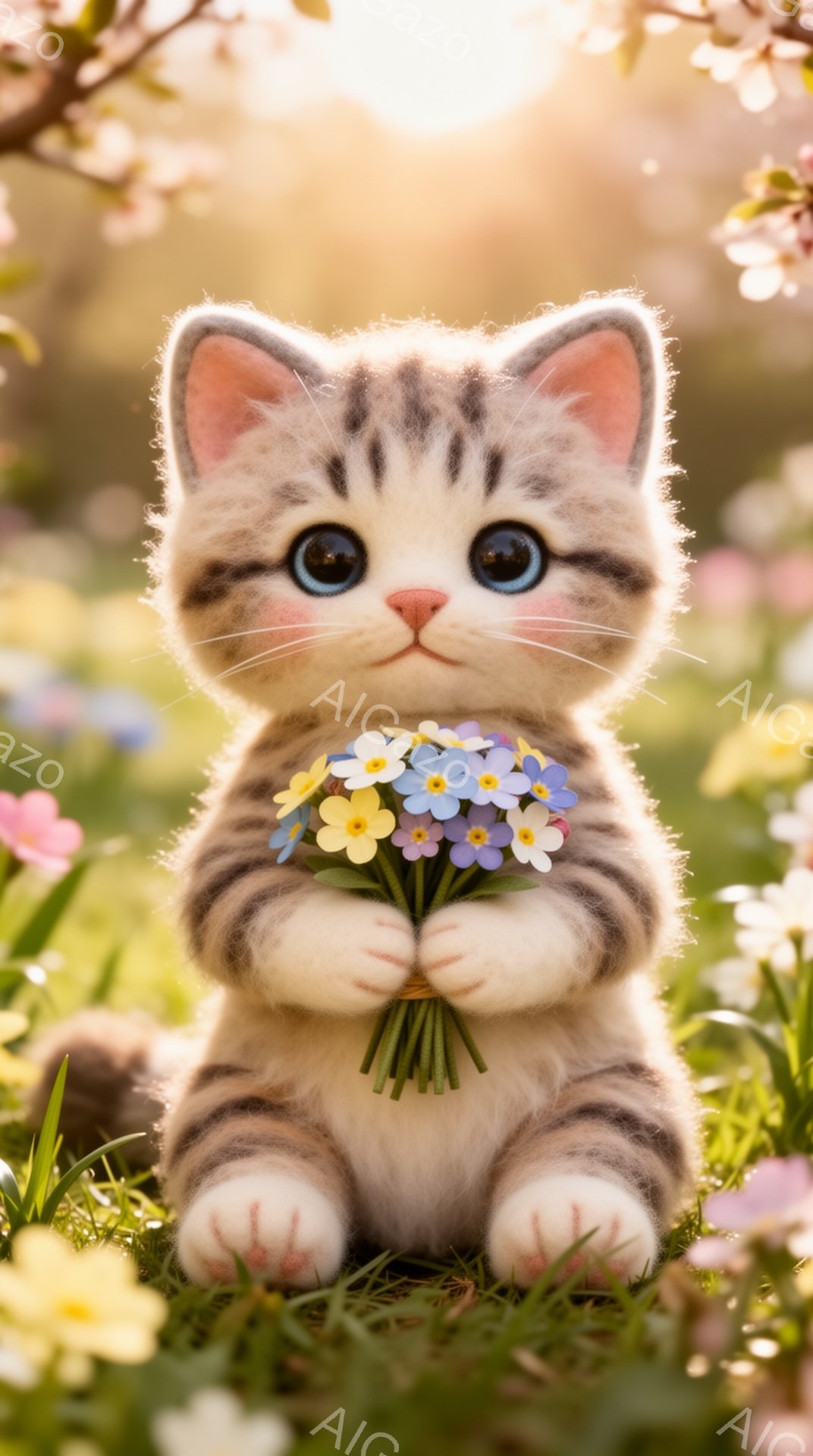 小さなキジトラの子猫が、草むらの中で花束を抱えています。 キュートな表情で、優しい春の光が降り注ぐ、暖かい雰囲気の画像です。 花はかすみ草や黄色い小さな花で構成されています。