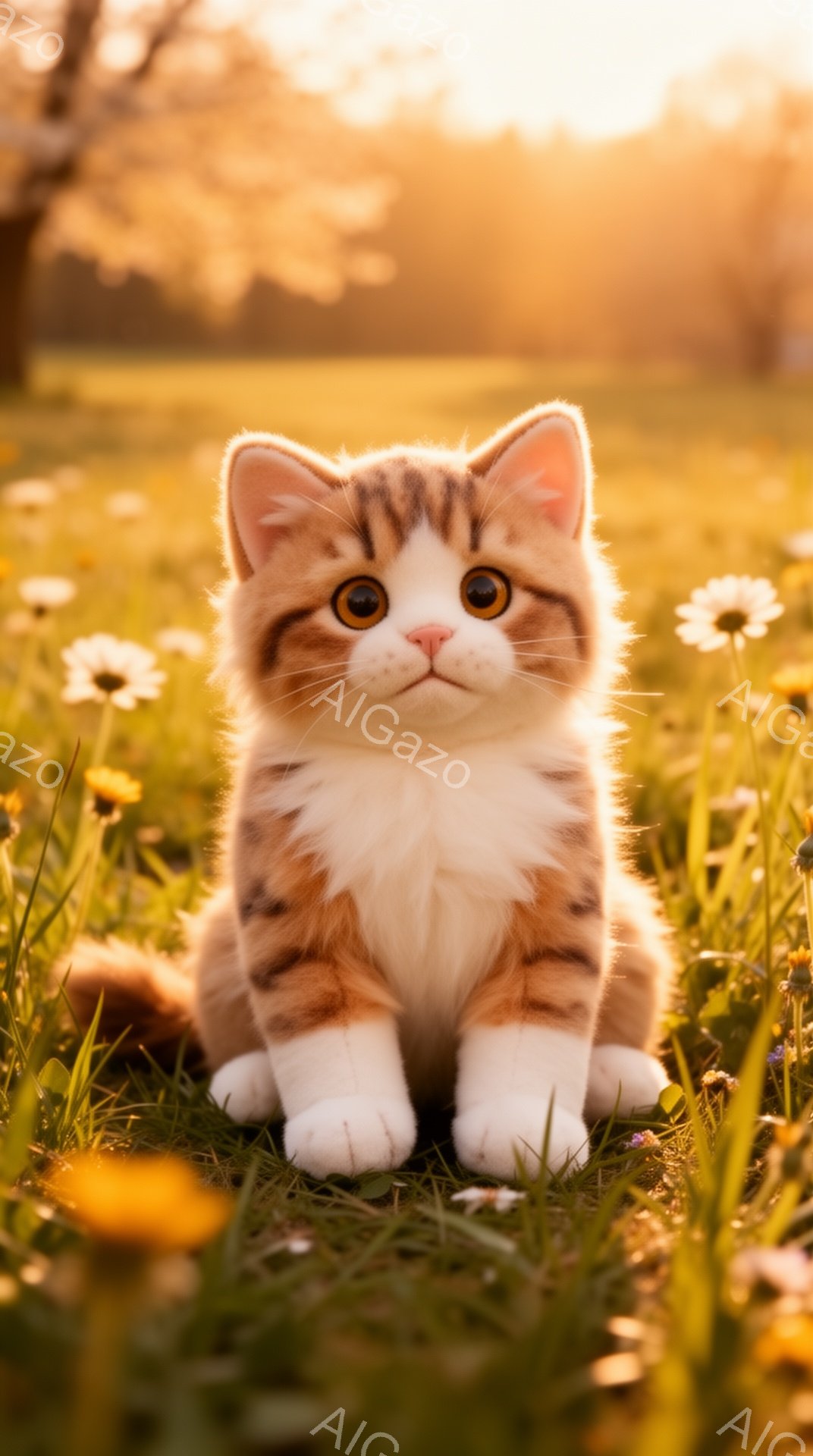 小さなオレンジと白の毛並みの猫が、草むらの中に座っています。優しい日差しが猫を照らし、周囲の花々が春の暖かさを演出しています。猫の大きな瞳が好奇心旺盛に輝き、見る者を魅了します。 - AI生成フリー素材