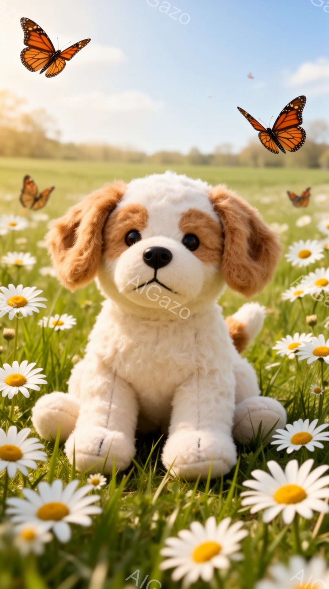 白と茶色の毛並みの小さな子犬が、白いデイジーの花が咲き乱れる緑の草原に座っています。背景にはぼやけた木々が見え、暖かい日差しが降り注いでおり、蝶が舞い、のどかで穏やかな雰囲気を醸し出しています。子犬は - AI生成フリー素材