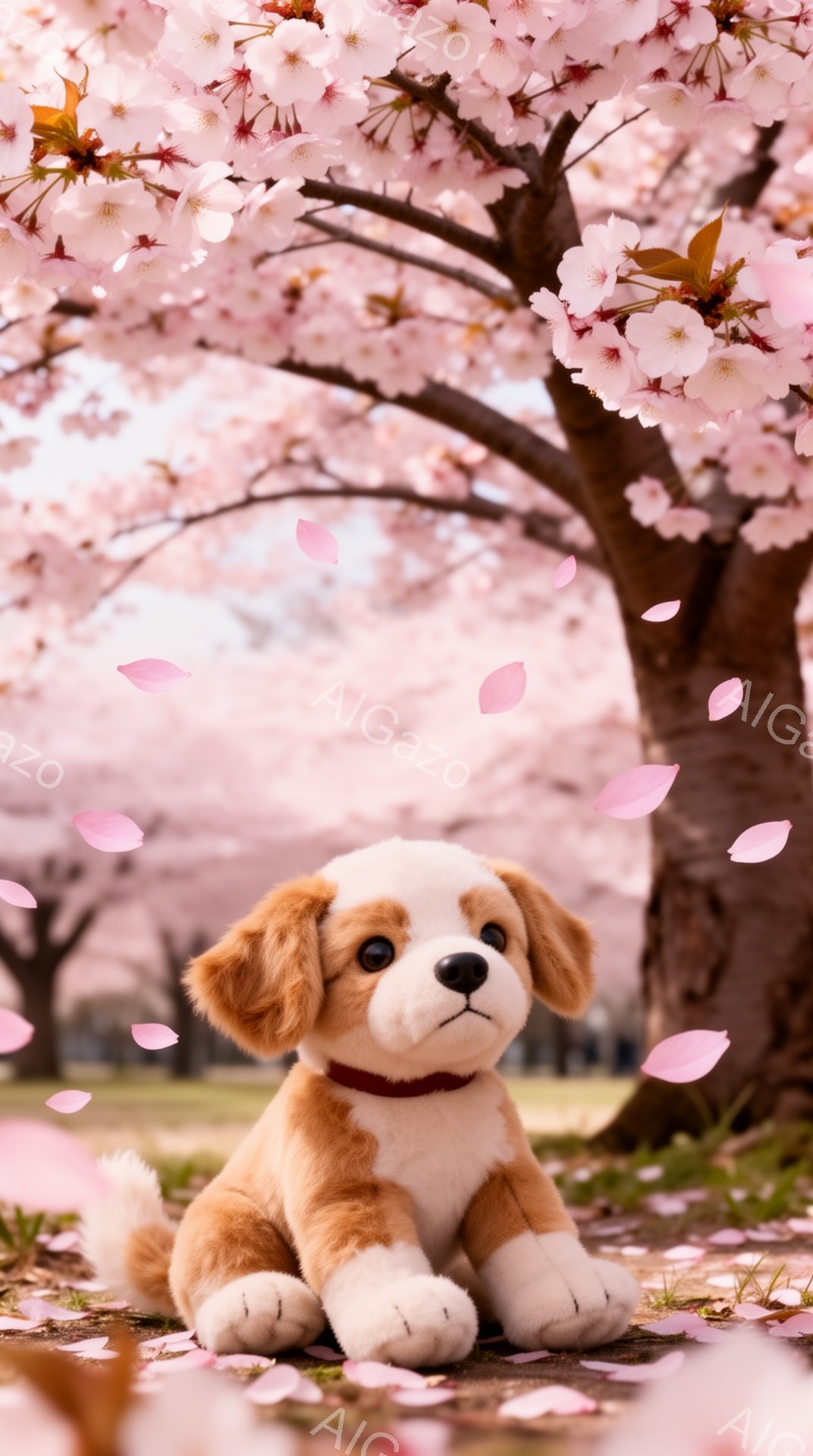 桜の木の下に座っている子犬が描かれています。ふわふわの毛並みと優しい表情が可愛らしいです。ピンク色の桜の花びらが舞い散り、春の穏やかな雰囲気を醸し出しています。 - AI生成フリー素材