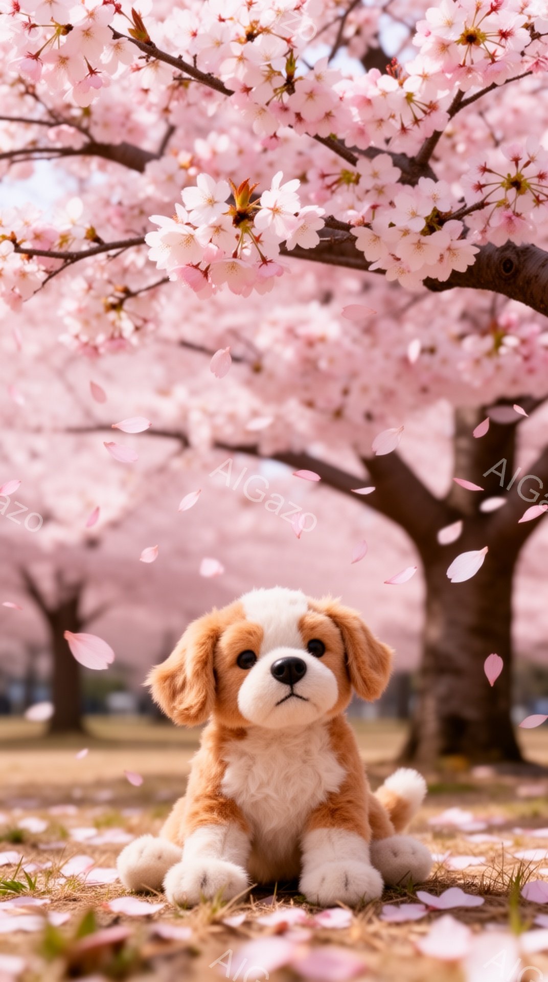 桜の木の下で、子犬が座っています。ピンク色の花びらが舞い散り、春の穏やかな雰囲気が漂っています。子犬は前をじっと見つめ、可愛らしい表情をしています。 - AI生成フリー素材
