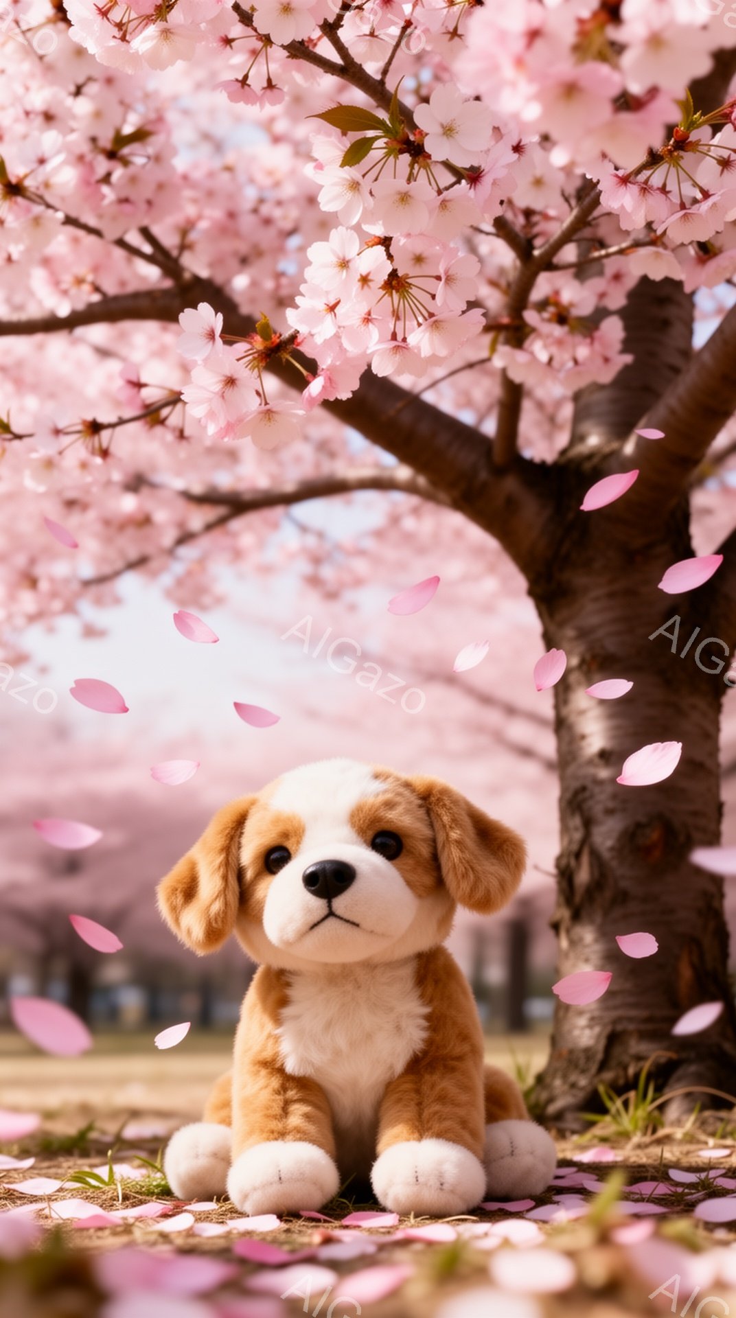 小さなコーギーの子犬が桜の木の下に座っています。ピンク色の花びらが舞い散り、春の暖かな雰囲気が伝わってきます。子犬は前足を伸ばし、穏やかな表情でこちらを見ています。 - AI生成フリー素材