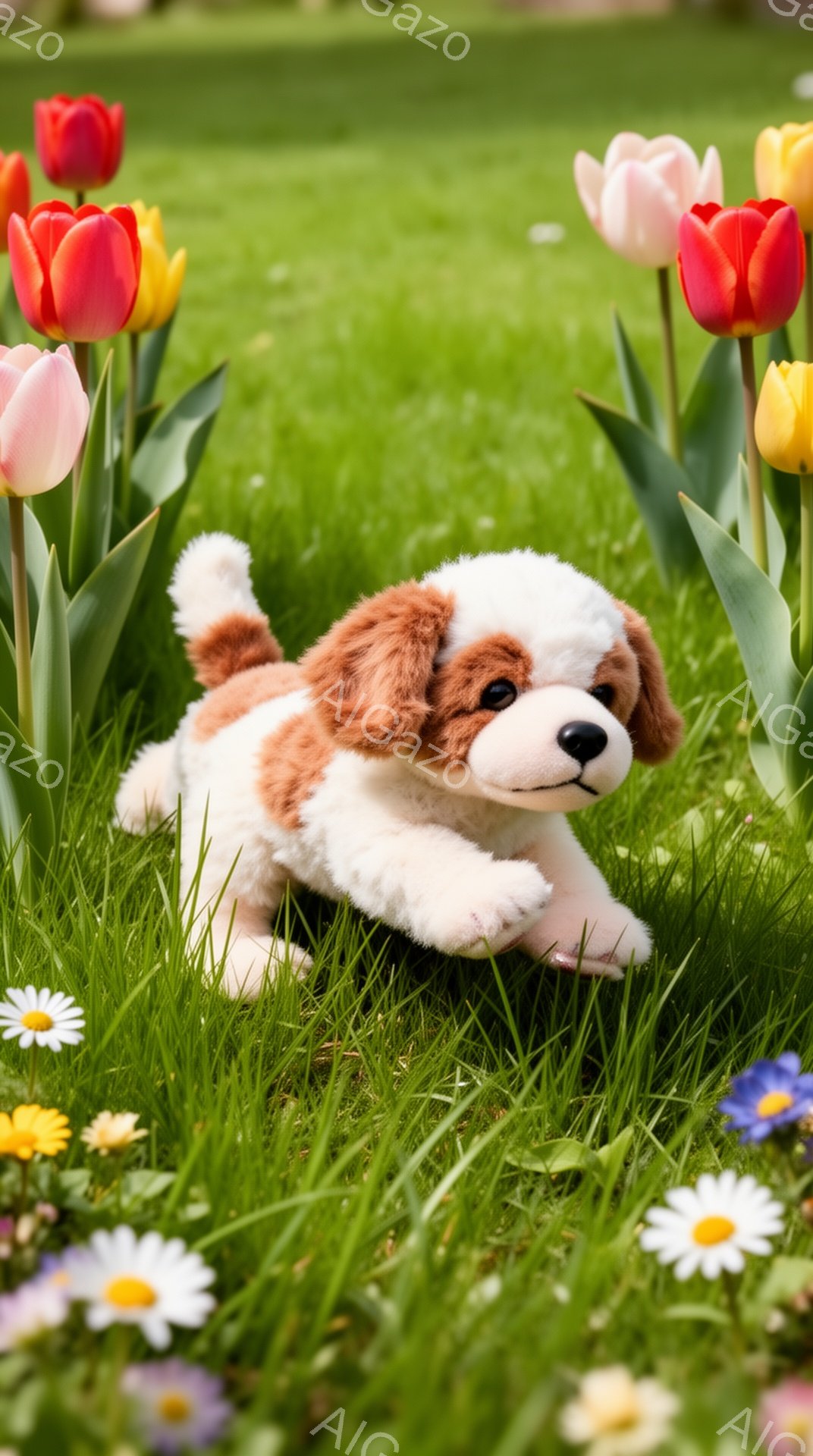 緑の草むらにいる子犬が描かれています。子犬は茶色と白の毛並みで、元気いっぱいに走り出そうとしています。背景には様々な色のチューリップが咲き、春の暖かい雰囲気が感じられます。 - AI生成フリー素材