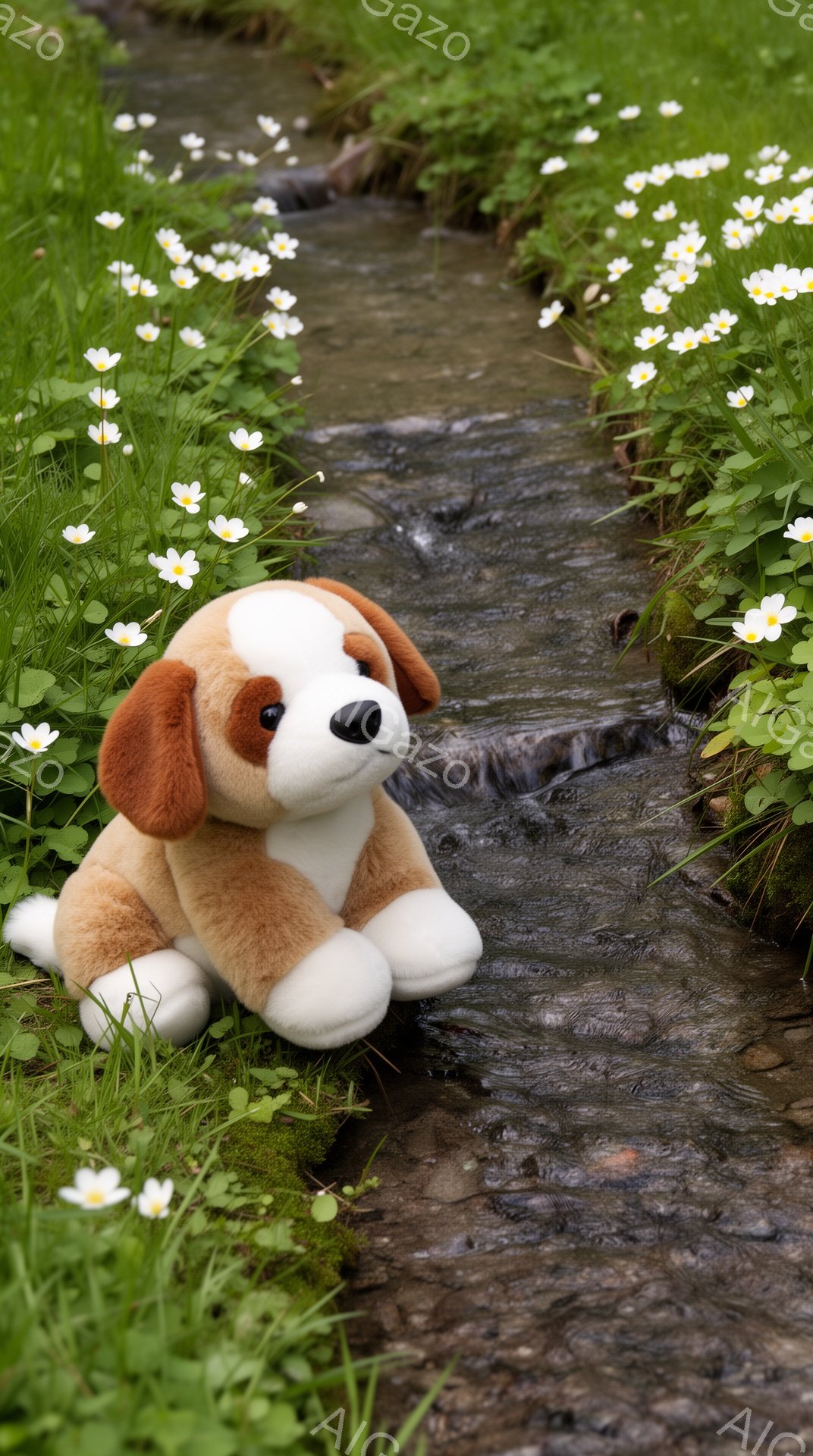 緑豊かな背景の中で、可愛らしい子犬のぬいぐるみがお座りしています。周囲には白い小さな花が咲き乱れ、近くの小川が穏やかに流れています。全体的に柔らかく、穏やかな雰囲気が漂っています。 - AI生成フリー素材
