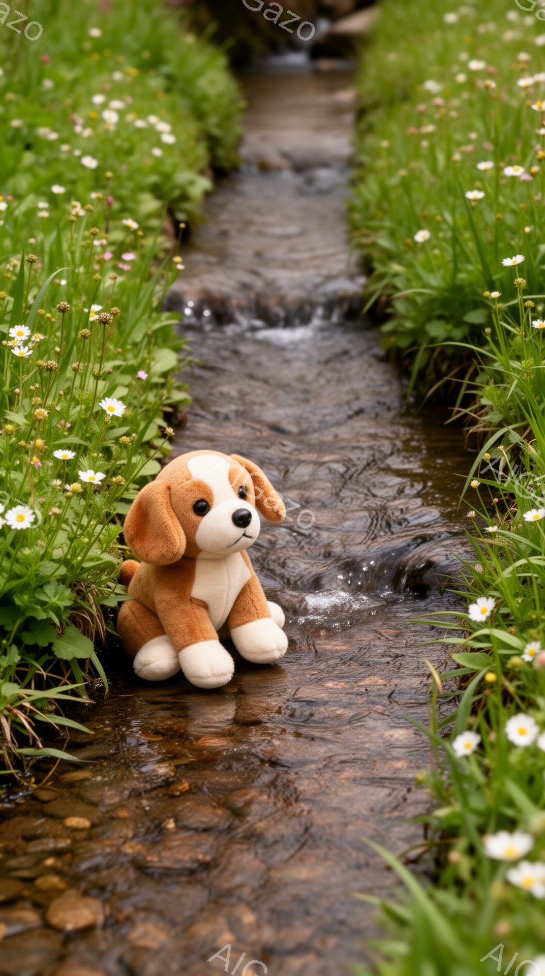小さな子犬のぬいぐるみが、緑豊かな草と白い花に囲まれた浅い小川の中に座っています。水は静かに流れ、周りの自然と調和しています。穏やかで可愛らしい雰囲気が漂う、平和な光景です。 - AI生成フリー素材