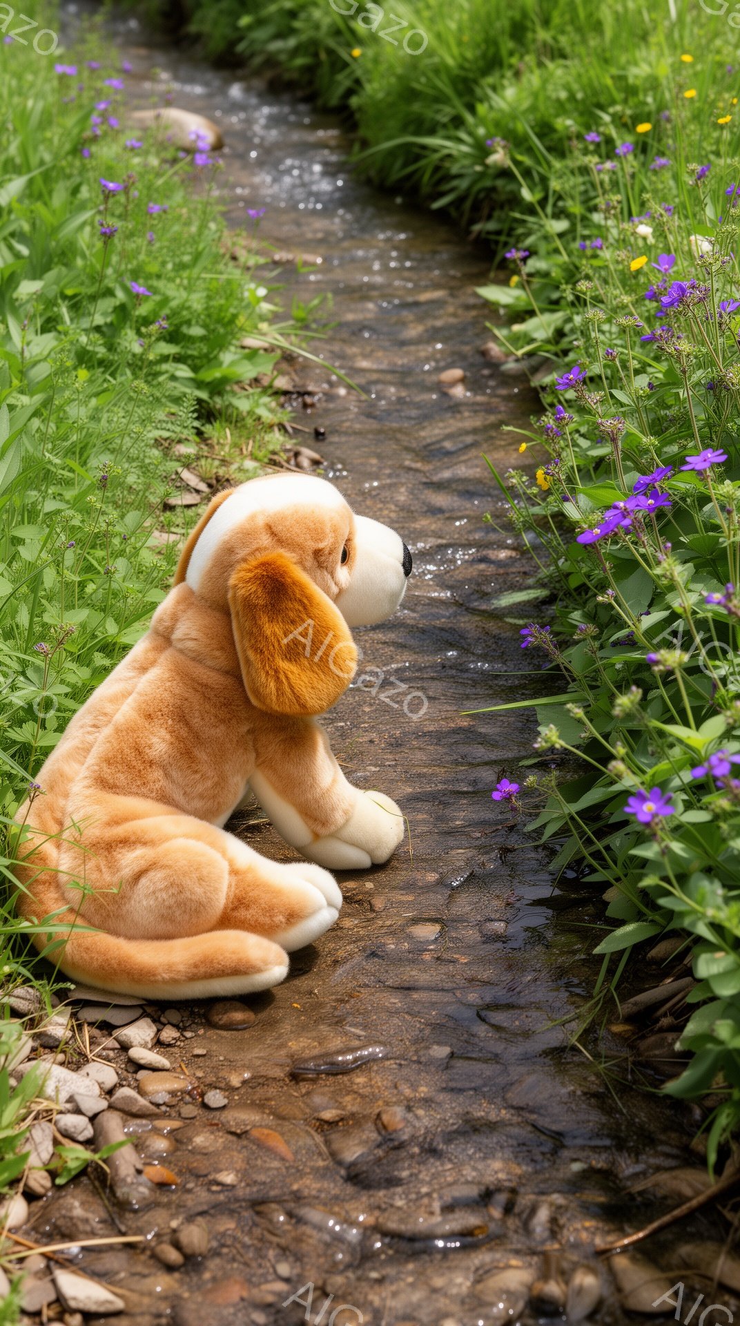 雑草が生い茂る小川のほとりに、オレンジ色の犬のぬいぐるみが座っています。緑の草と紫色の花が背景を彩り、穏やかな午後の光が差し込んでいます。ぬいぐるみの表情は穏やかで、静かな自然の中でリラックスしている様子が伝わってきます。