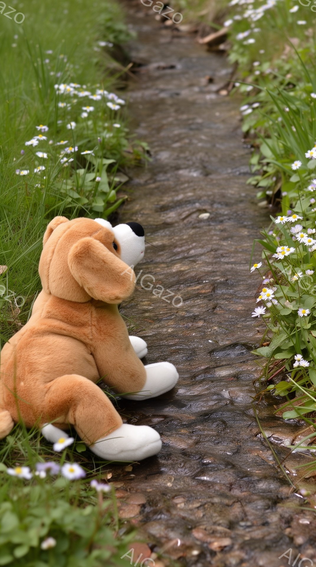 柔らかい茶色の犬のぬいぐるみは、緑の草と白い花が咲く小道のそばに座っています。ぬいぐるみは顔をこちらに向けており、可愛らしい表情をしています。周囲は自然に囲まれ、穏やかで優しい雰囲気です。 - AI生成フリー素材