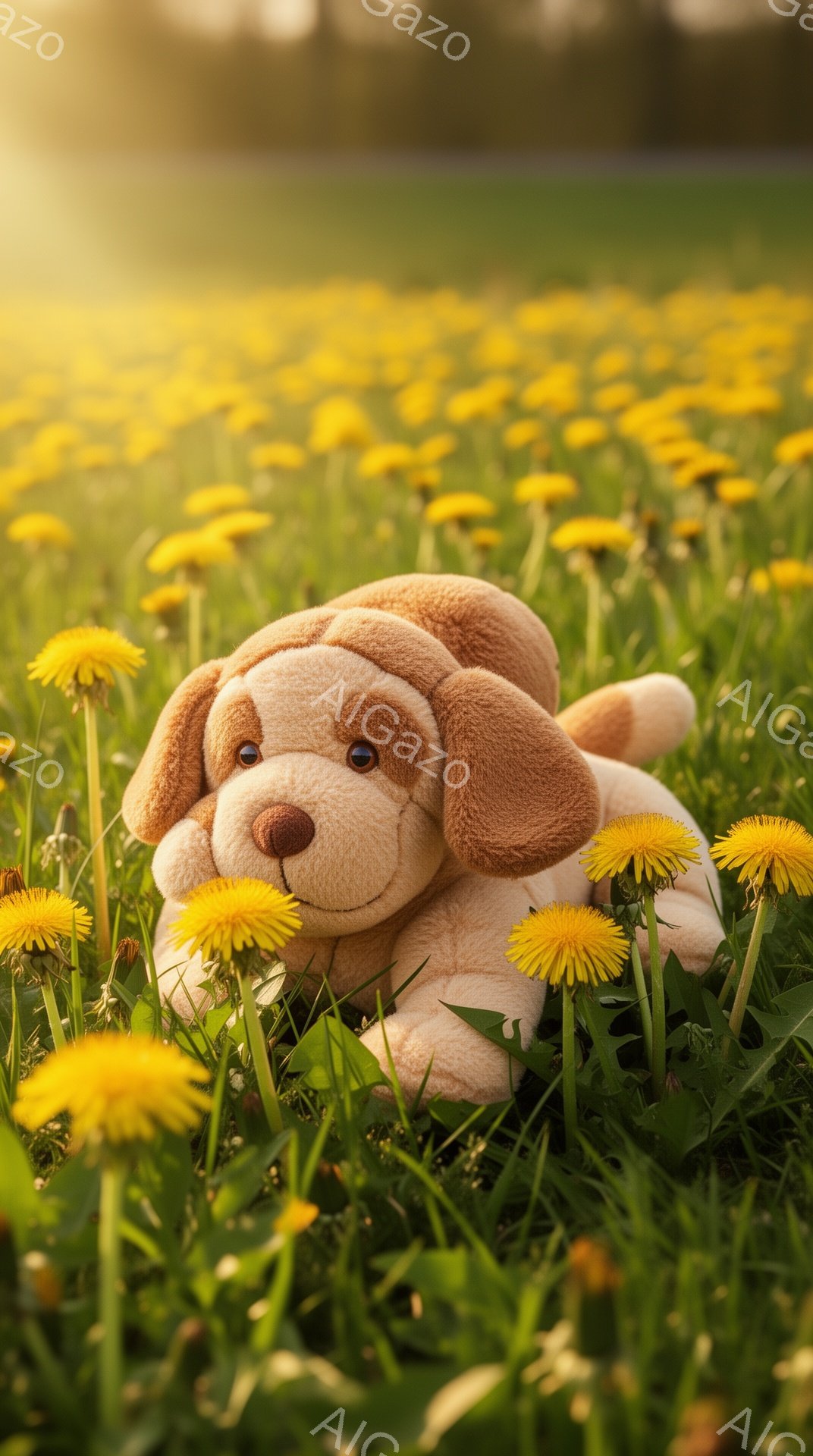 ふわふわのクリーム色の犬のぬいぐるみは、タンポポがたくさん咲いている緑の草原の中で横たわっています。ぬいぐるみは優しい表情をしており、背景は柔らかい光に包まれていて、穏やかな春の雰囲気を醸し出しています。タンポポの花は黄色く輝き、犬のぬいぐるみの愛らしさを引き立てています。
